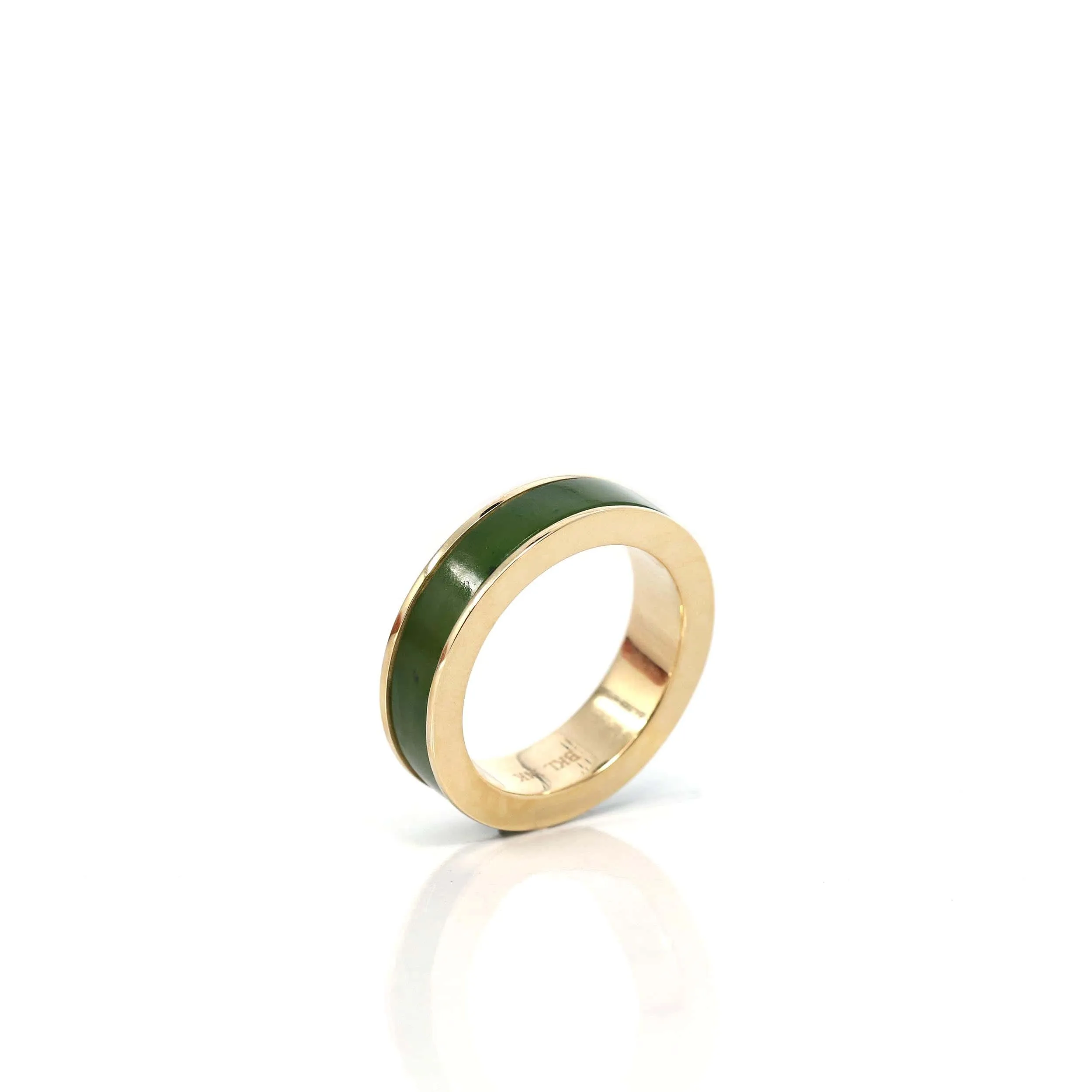 Baikalla 14k Yellow Gold Forest Green Natural Nephrite Jade Inlay Men's Wedding Ring