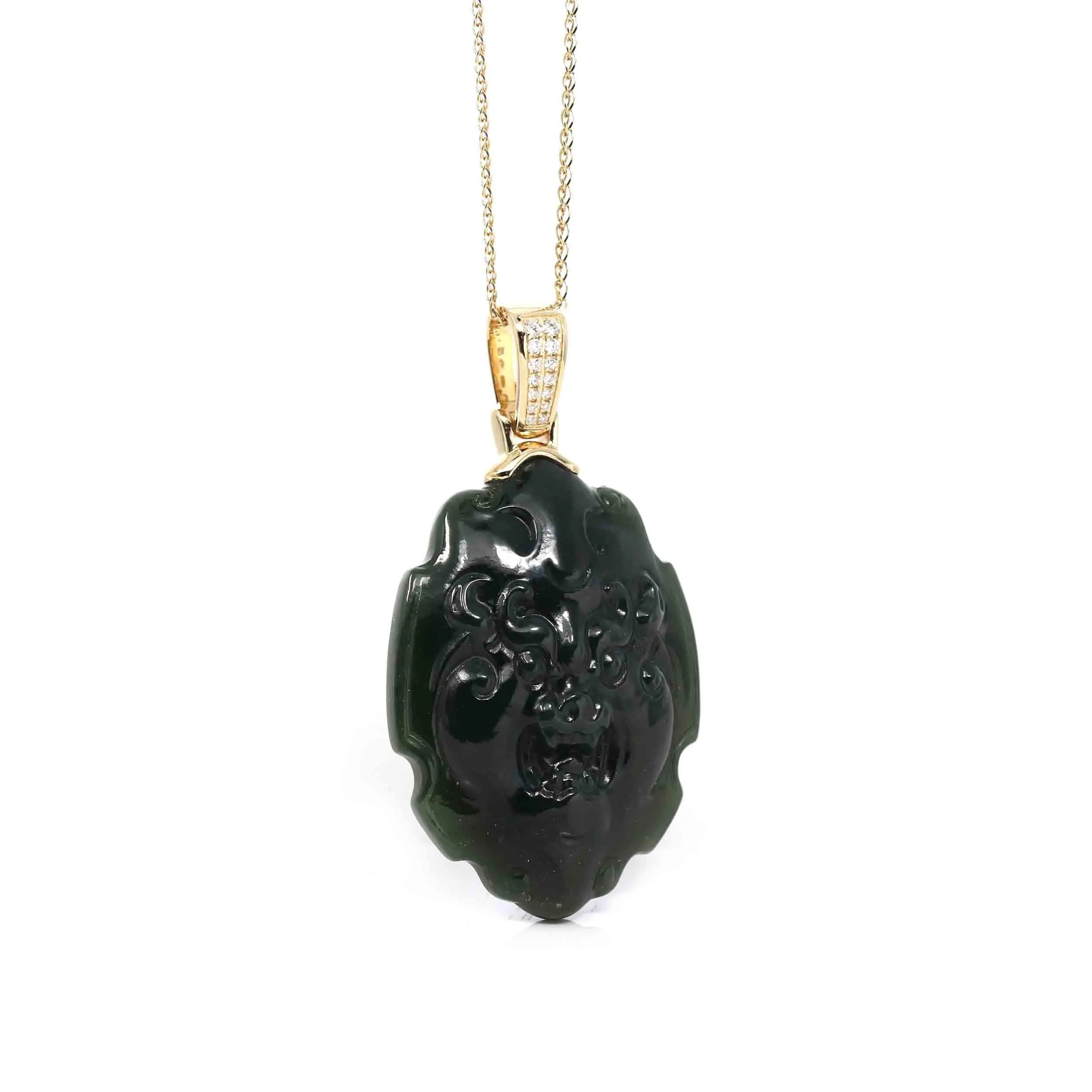 Baikalla™ 14K Yellow Gold Genuine Nephrite Black Jade " Fu Dog " Pendant Necklace With Diamond Gold Bail