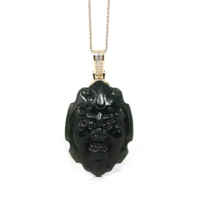 Baikalla™ 14K Yellow Gold Genuine Nephrite Black Jade " Fu Dog " Pendant Necklace With Diamond Gold Bail