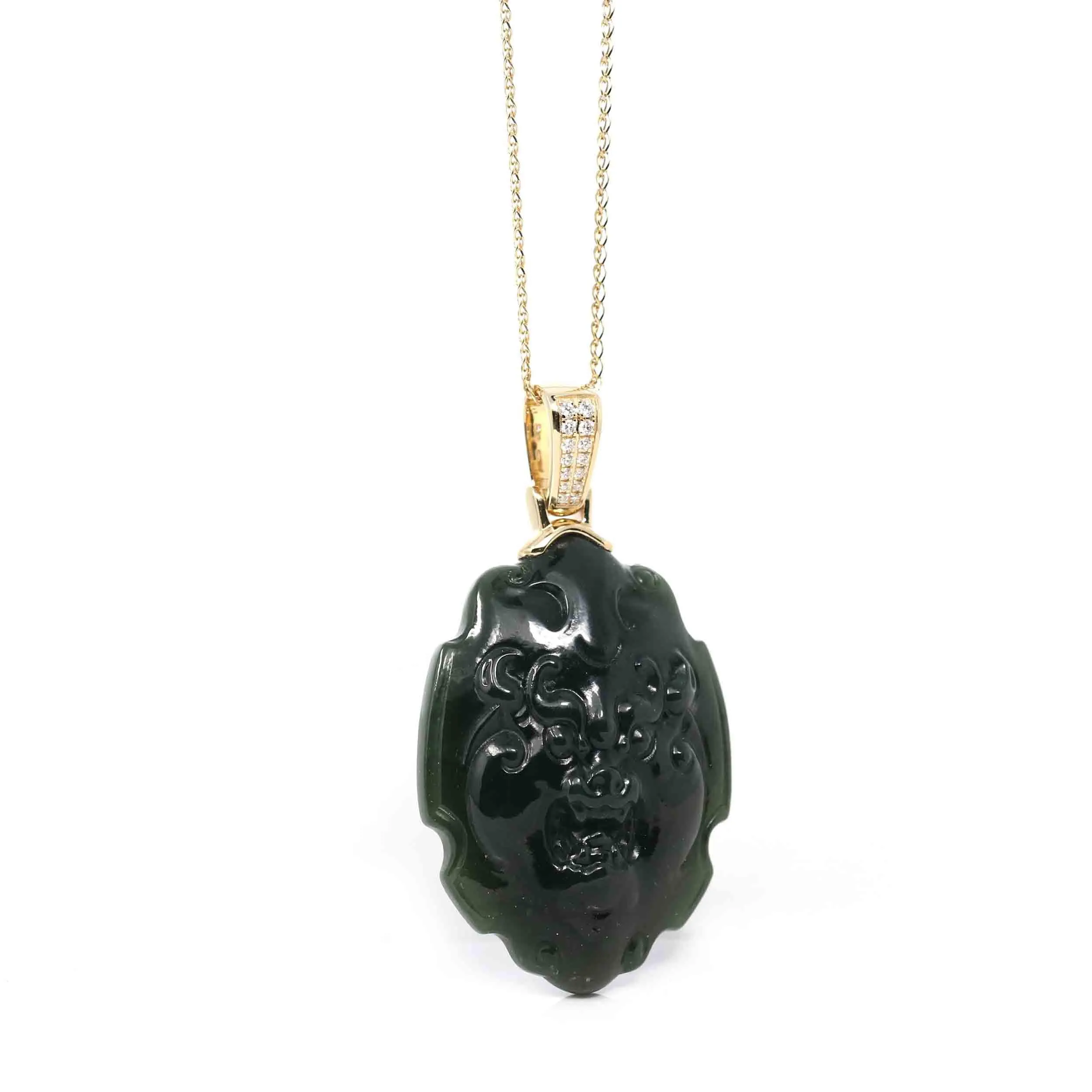 Baikalla™ 14K Yellow Gold Genuine Nephrite Black Jade " Fu Dog " Pendant Necklace With Diamond Gold Bail