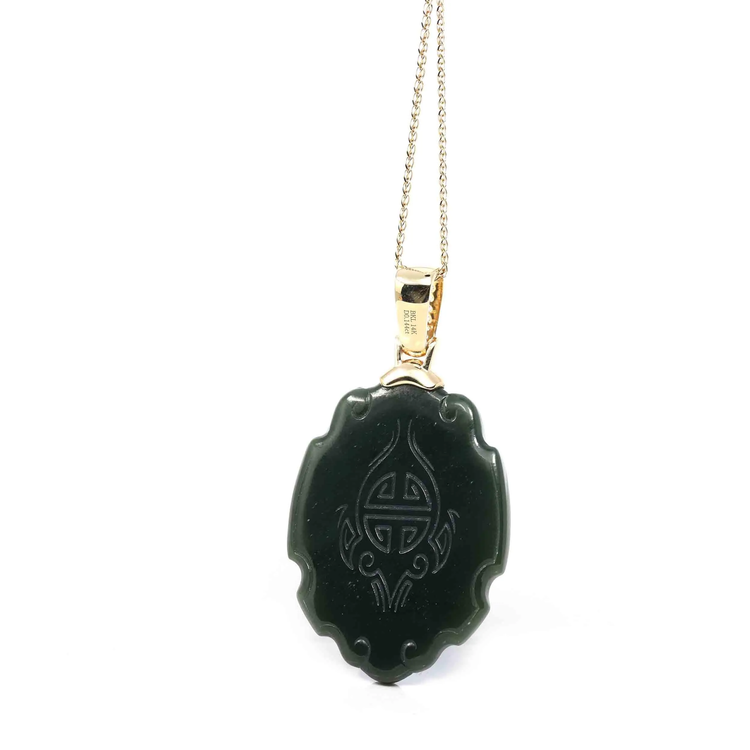 Baikalla™ 14K Yellow Gold Genuine Nephrite Black Jade " Fu Dog " Pendant Necklace With Diamond Gold Bail