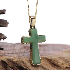 Baikalla High-end 14K Yellow Gold Natural Green Nephrite Jade Cross Pendant