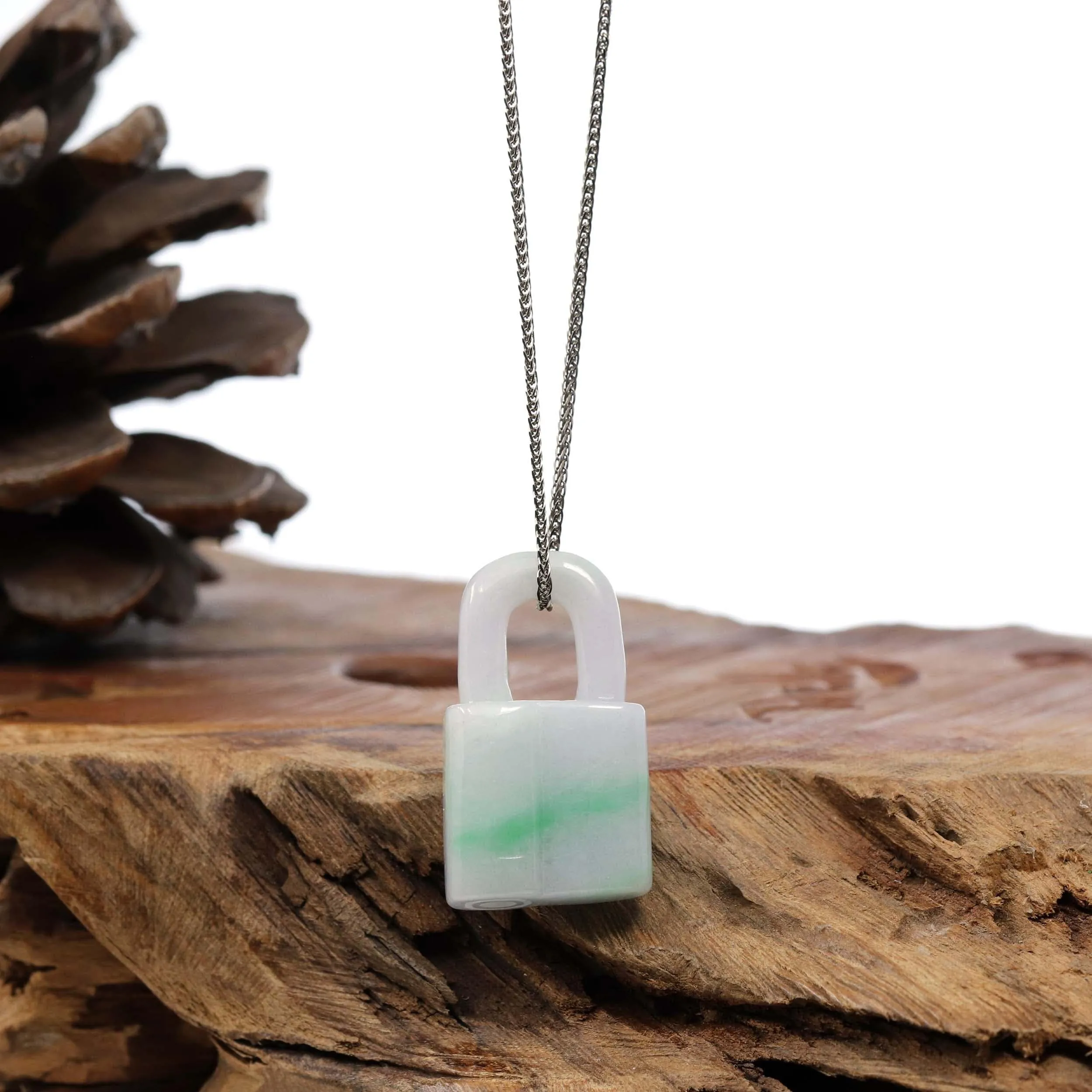 Baikalla Ice White-Green Jadeite Jade Lock Necklace Pendant