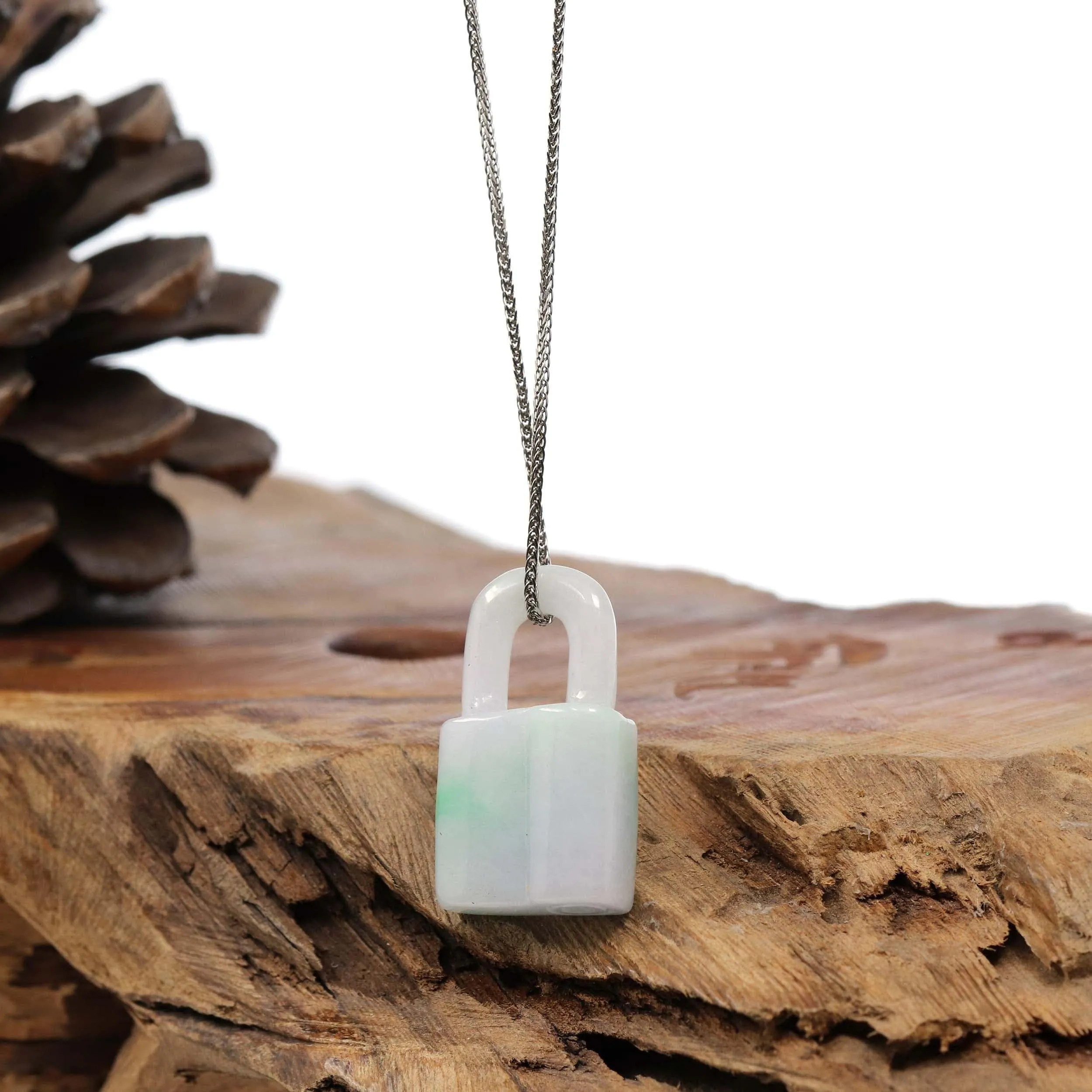 Baikalla Ice White-Green Jadeite Jade Lock Necklace Pendant