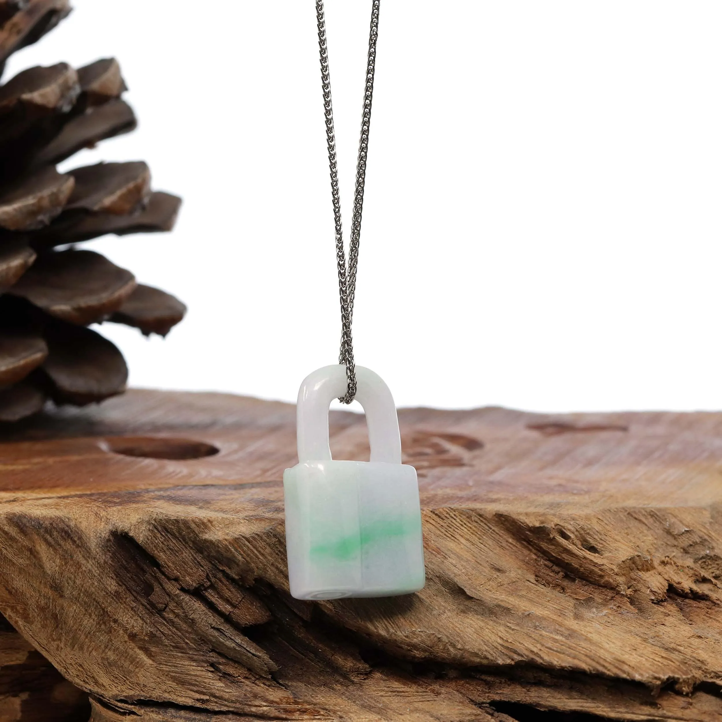 Baikalla Ice White-Green Jadeite Jade Lock Necklace Pendant