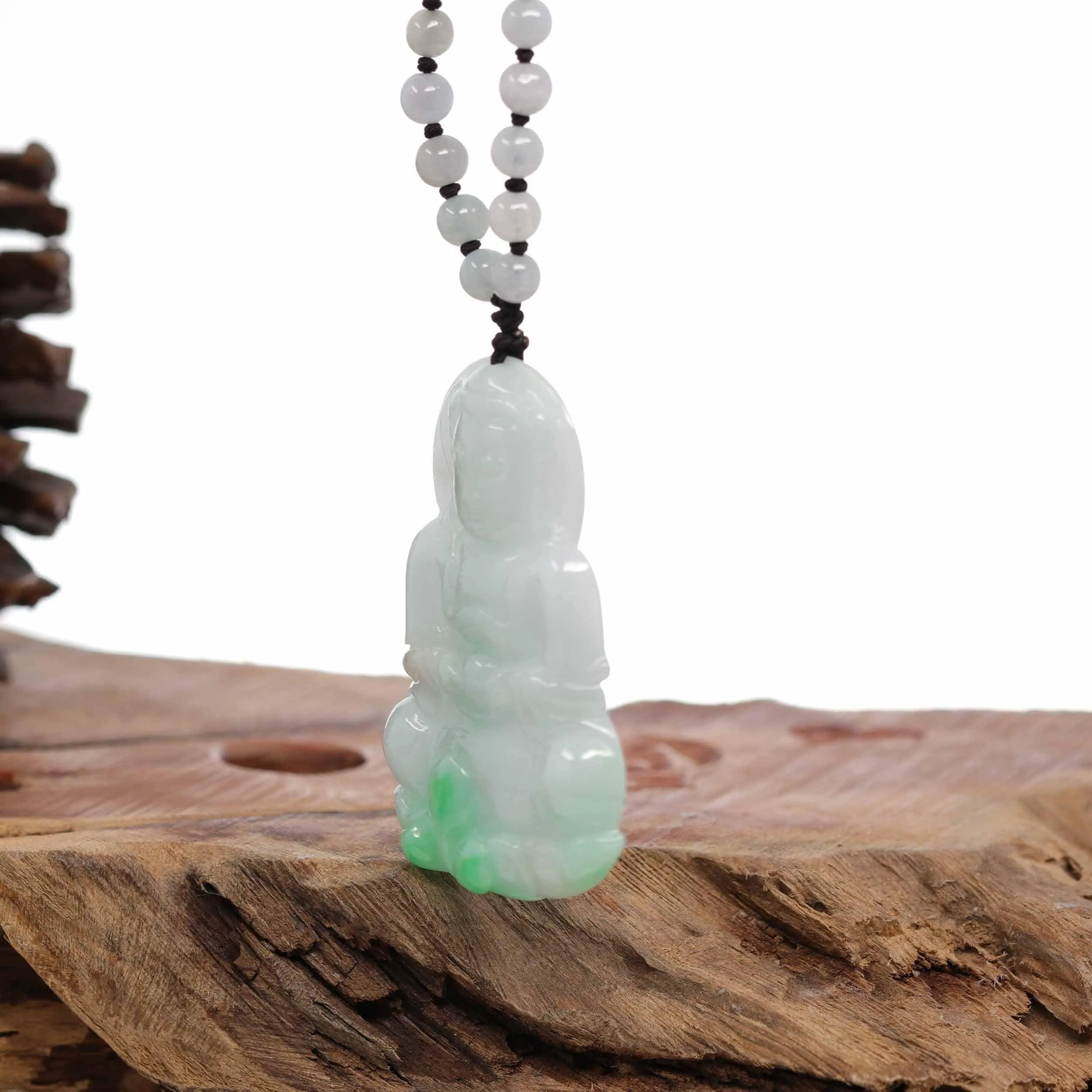 Baikalla "Goddess of Compassion" Genuine Burmese Jadeite Jade Guanyin Lotus Necklace