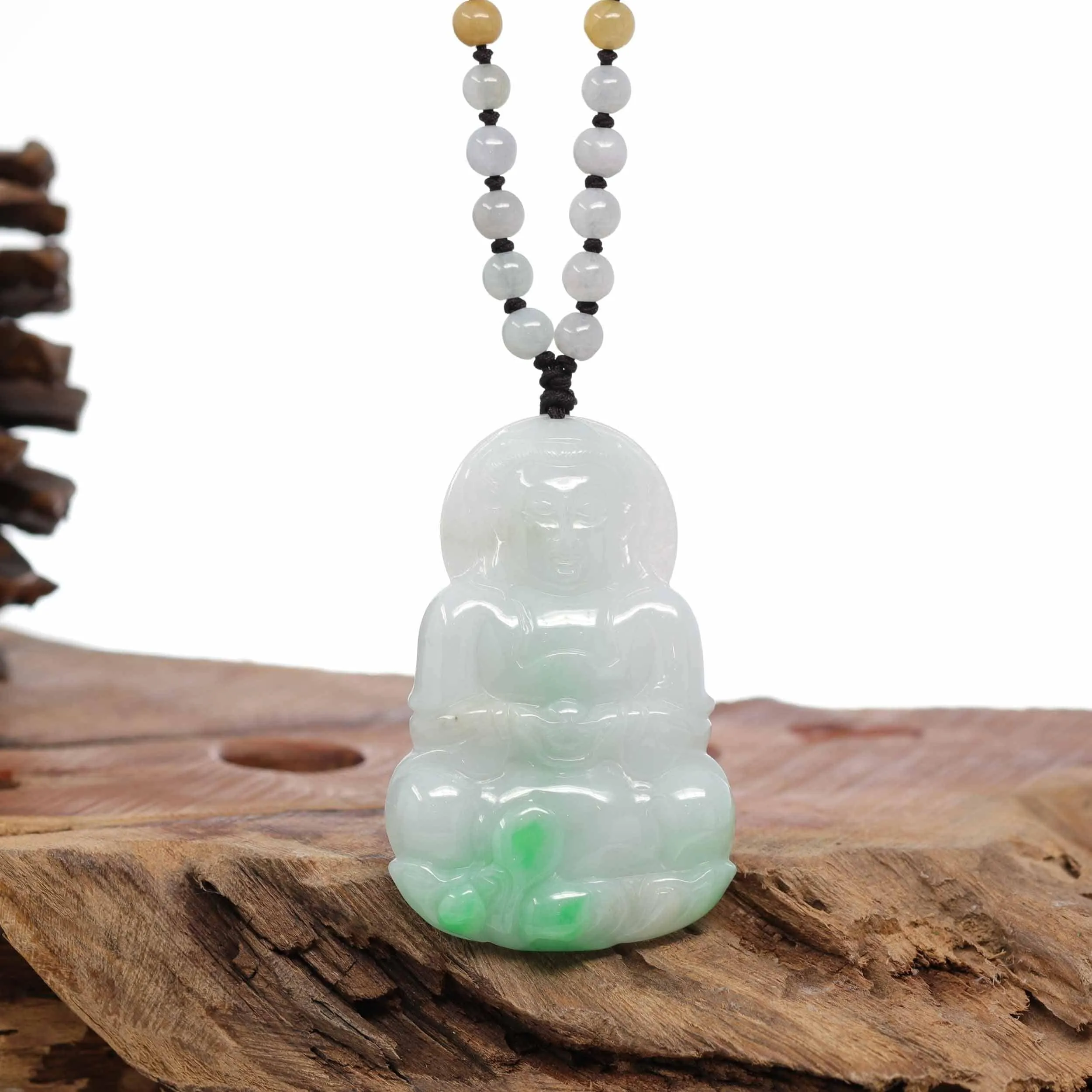 Baikalla "Goddess of Compassion" Genuine Burmese Jadeite Jade Guanyin Lotus Necklace