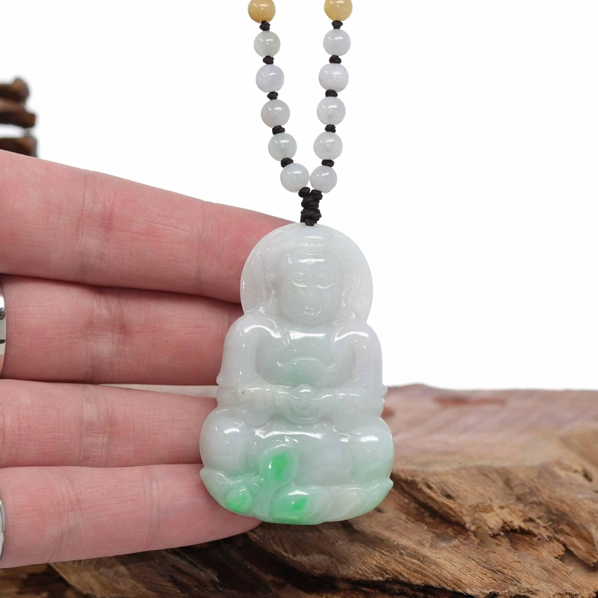 Baikalla "Goddess of Compassion" Genuine Burmese Jadeite Jade Guanyin Lotus Necklace