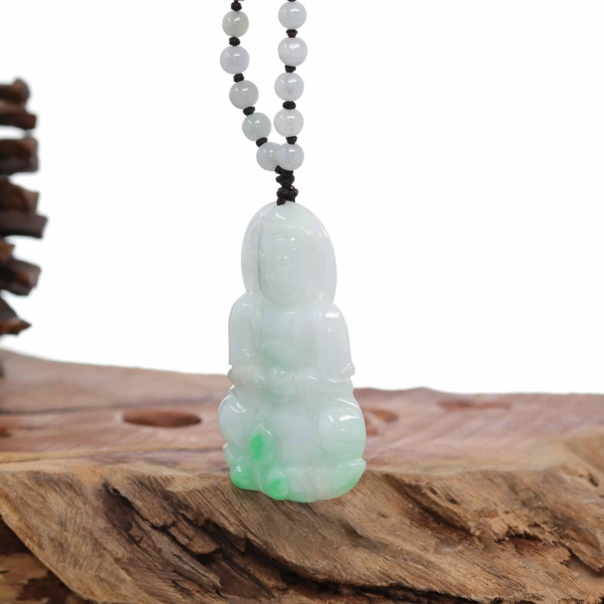 Baikalla "Goddess of Compassion" Genuine Burmese Jadeite Jade Guanyin Lotus Necklace