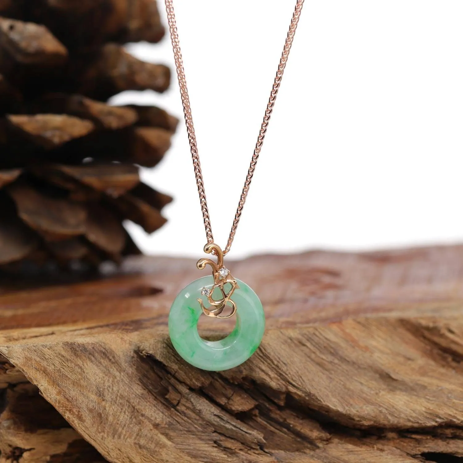 Baikalla™ "Good Luck Birdie" 18k Rose Gold Genuine Burmese Jadeite Lucky Kou Kou Pendant Necklace With Diamond