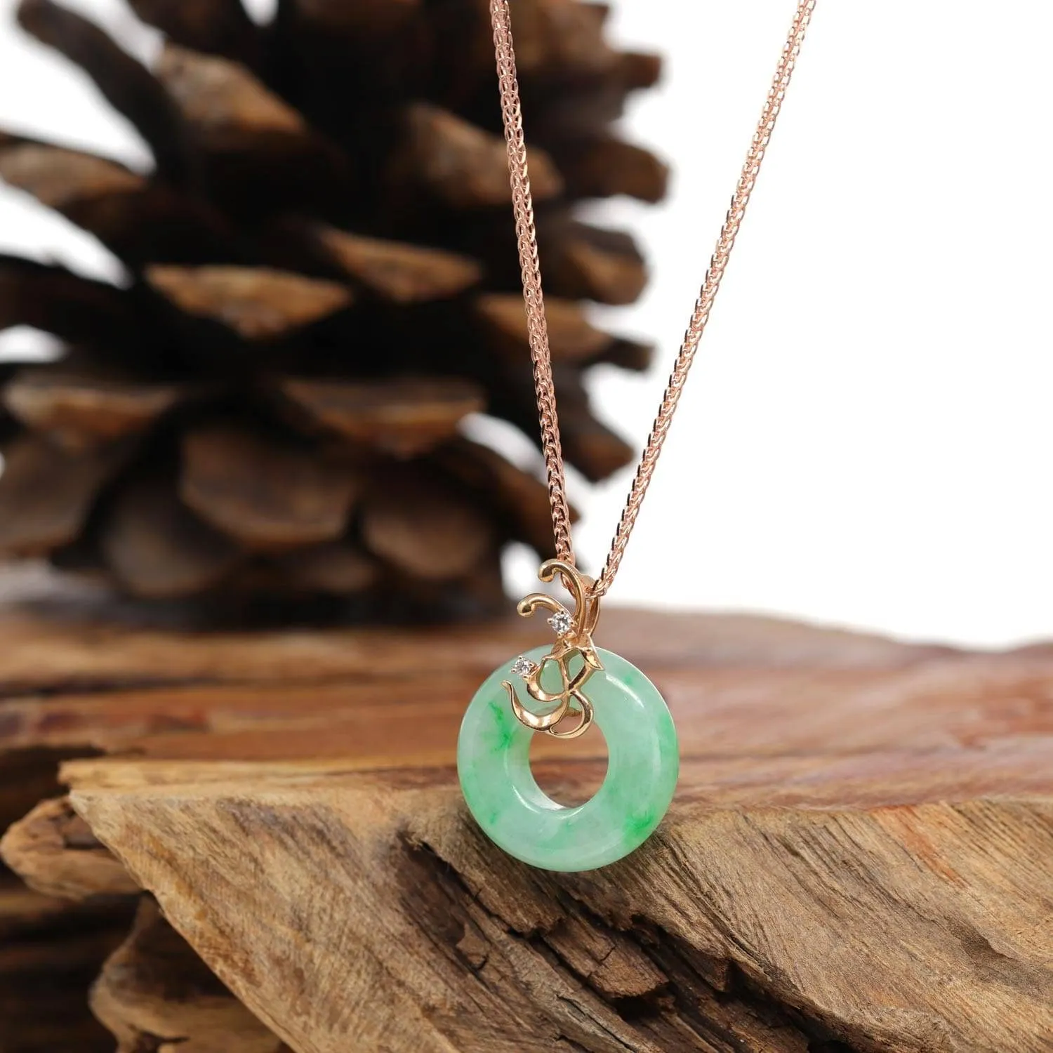 Baikalla™ "Good Luck Birdie" 18k Rose Gold Genuine Burmese Jadeite Lucky Kou Kou Pendant Necklace With Diamond