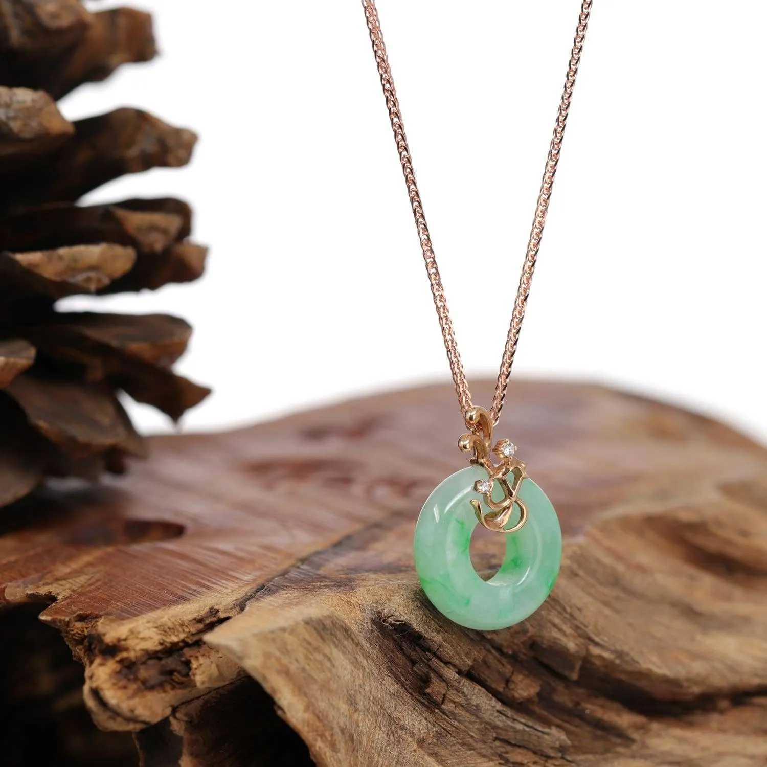 Baikalla™ "Good Luck Birdie" 18k Rose Gold Genuine Burmese Jadeite Lucky Kou Kou Pendant Necklace With Diamond