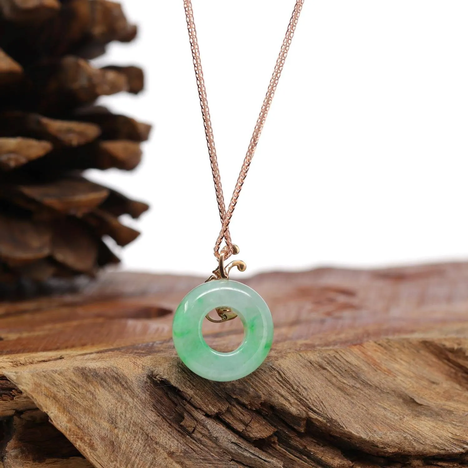 Baikalla™ "Good Luck Birdie" 18k Rose Gold Genuine Burmese Jadeite Lucky Kou Kou Pendant Necklace With Diamond