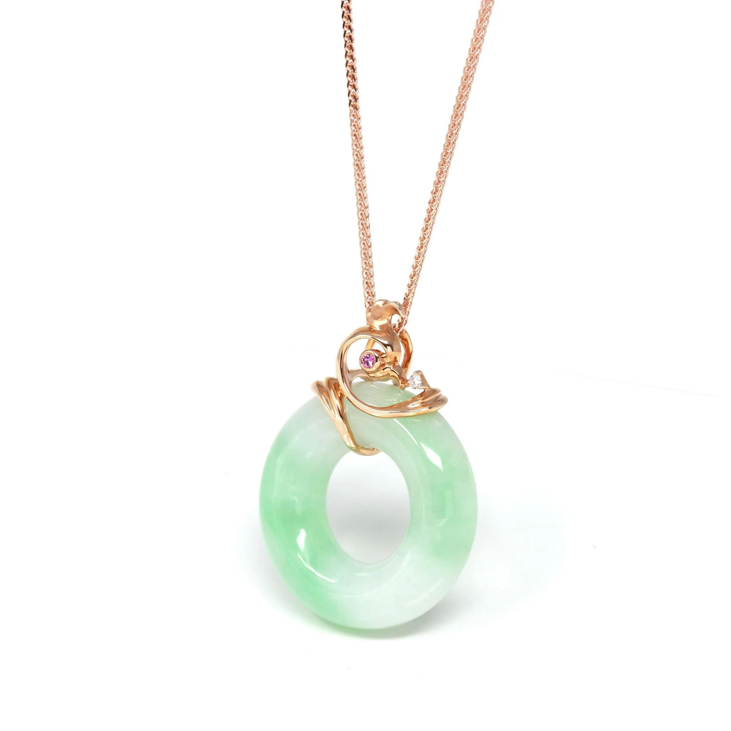 Baikalla™ "Good Luck Birdie" 18k Rose Gold Genuine Burmese Jadeite Lucky Pendant Necklace With AA Ruby & Diamond