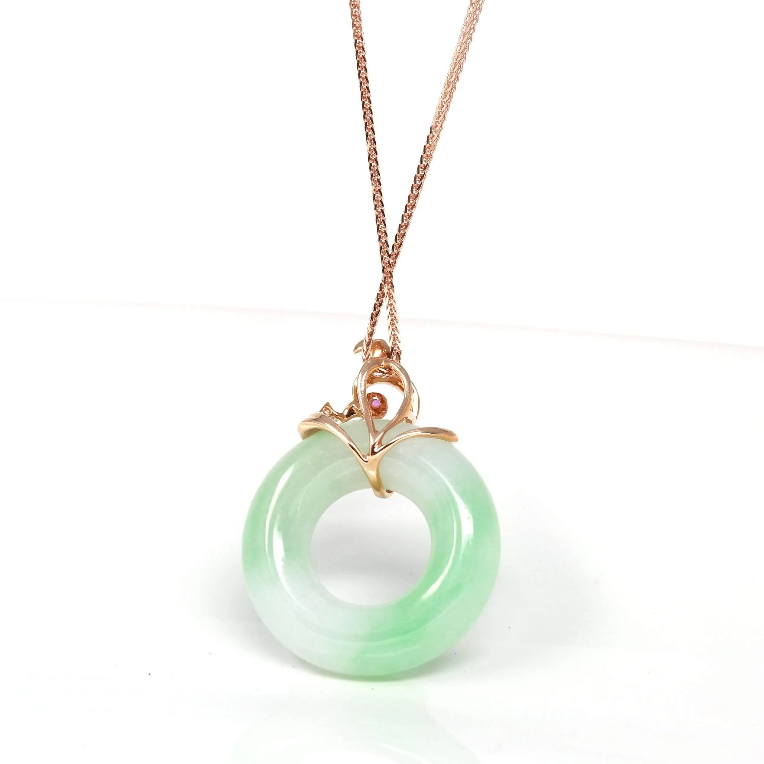 Baikalla™ "Good Luck Birdie" 18k Rose Gold Genuine Burmese Jadeite Lucky Pendant Necklace With AA Ruby & Diamond