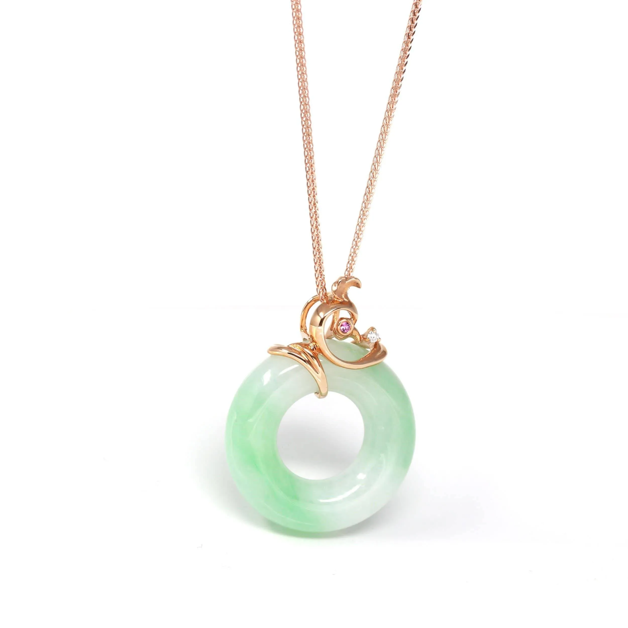 Baikalla™ "Good Luck Birdie" 18k Rose Gold Genuine Burmese Jadeite Lucky Pendant Necklace With AA Ruby & Diamond