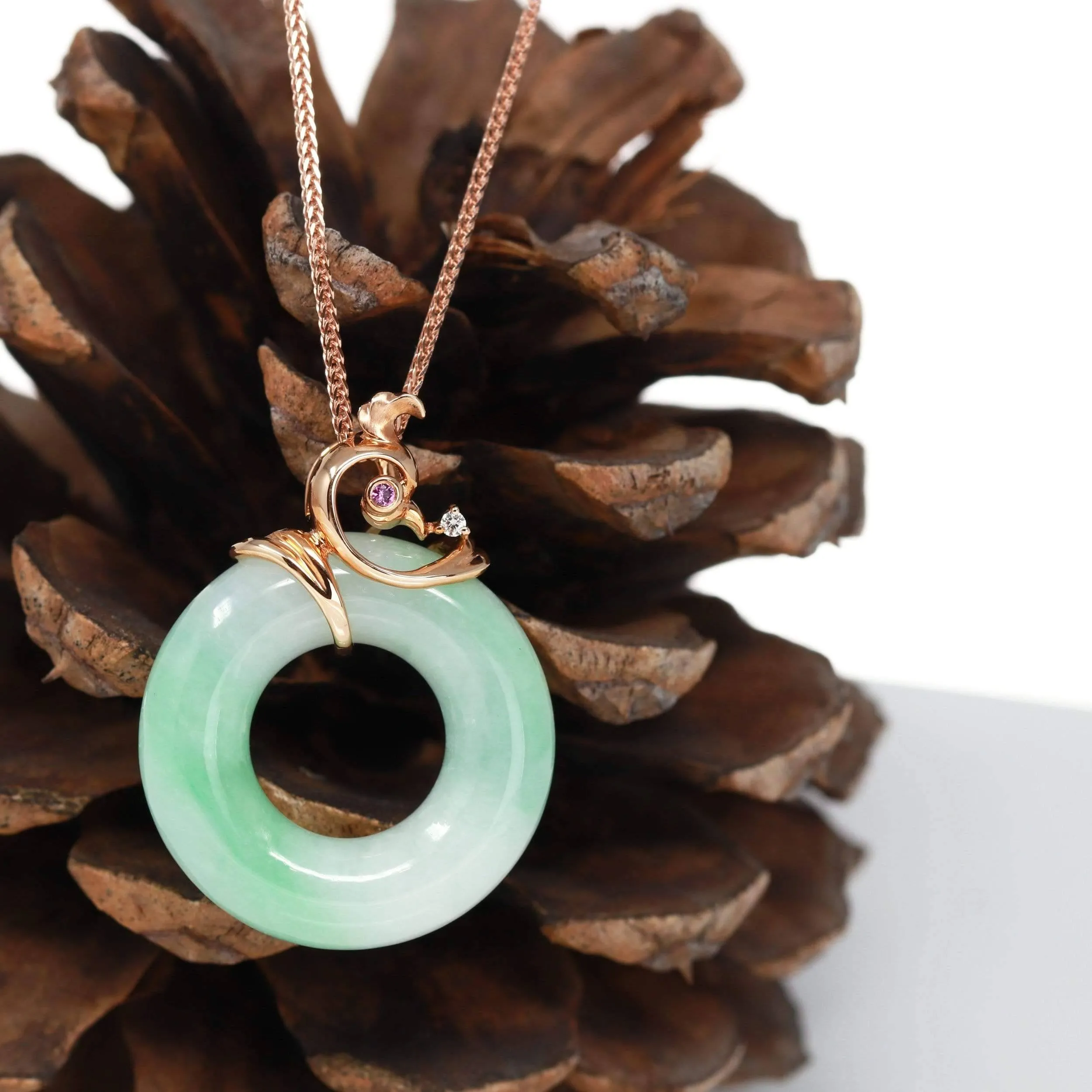 Baikalla™ "Good Luck Birdie" 18k Rose Gold Genuine Burmese Jadeite Lucky Pendant Necklace With AA Ruby & Diamond