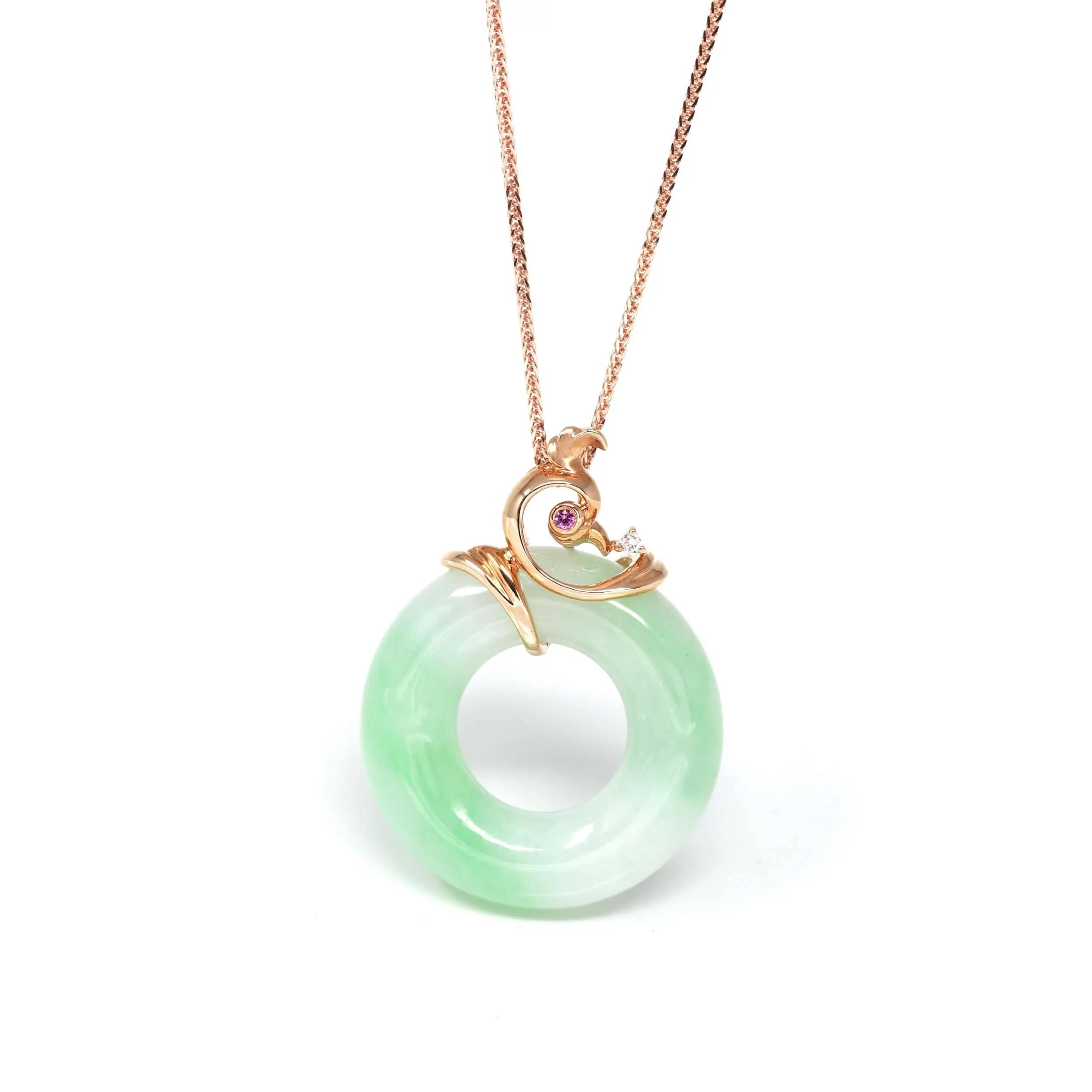 Baikalla™ "Good Luck Birdie" 18k Rose Gold Genuine Burmese Jadeite Lucky Pendant Necklace With AA Ruby & Diamond