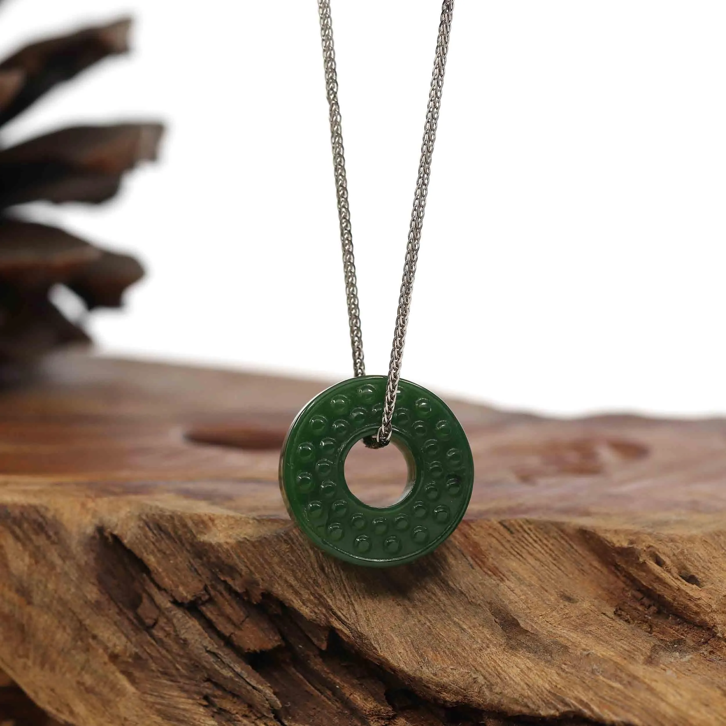 Baikalla™ "Good Luck Button" Necklace Green Nephrite Jade Lucky KouKou Donut Pendant Necklace