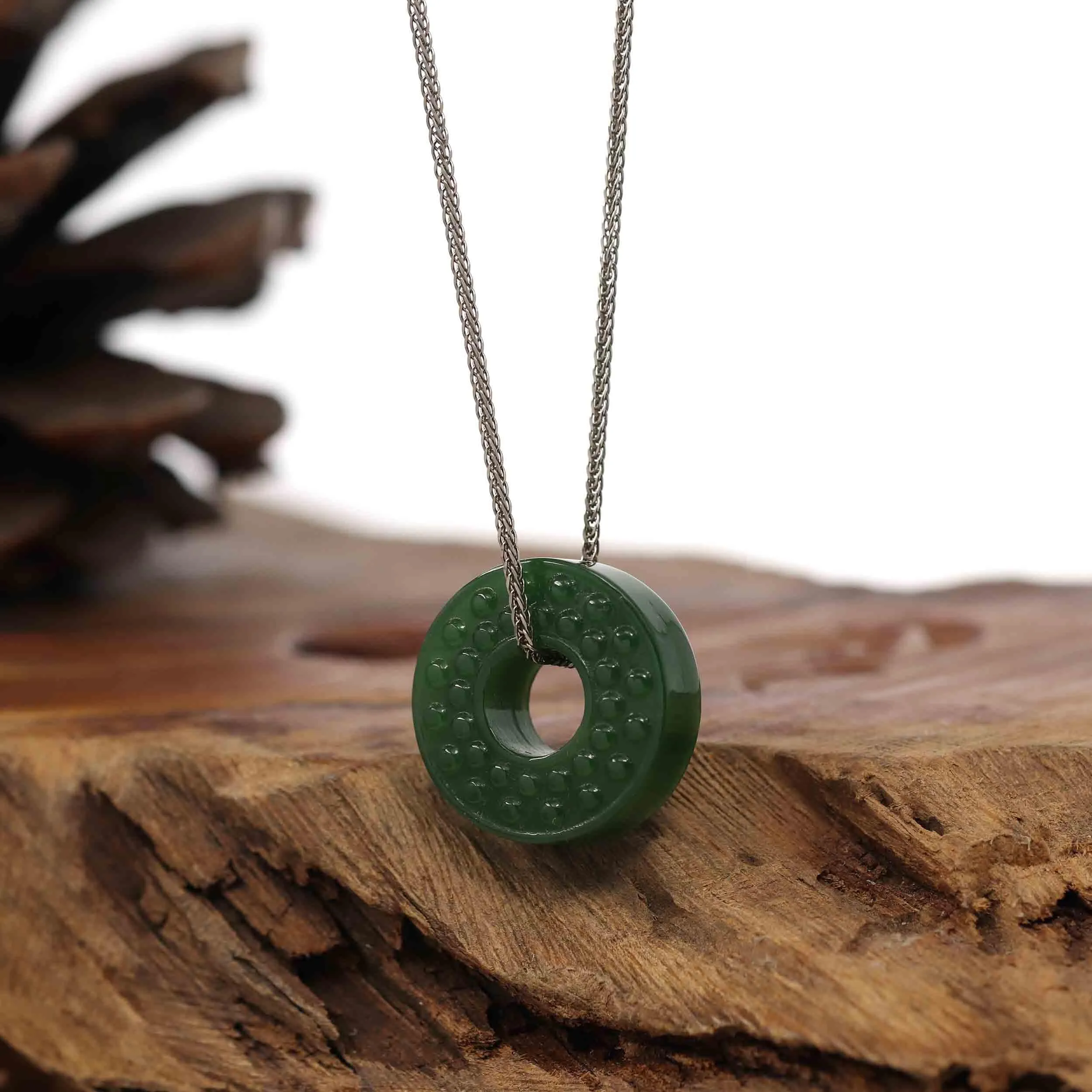 Baikalla™ "Good Luck Button" Necklace Green Nephrite Jade Lucky KouKou Donut Pendant Necklace