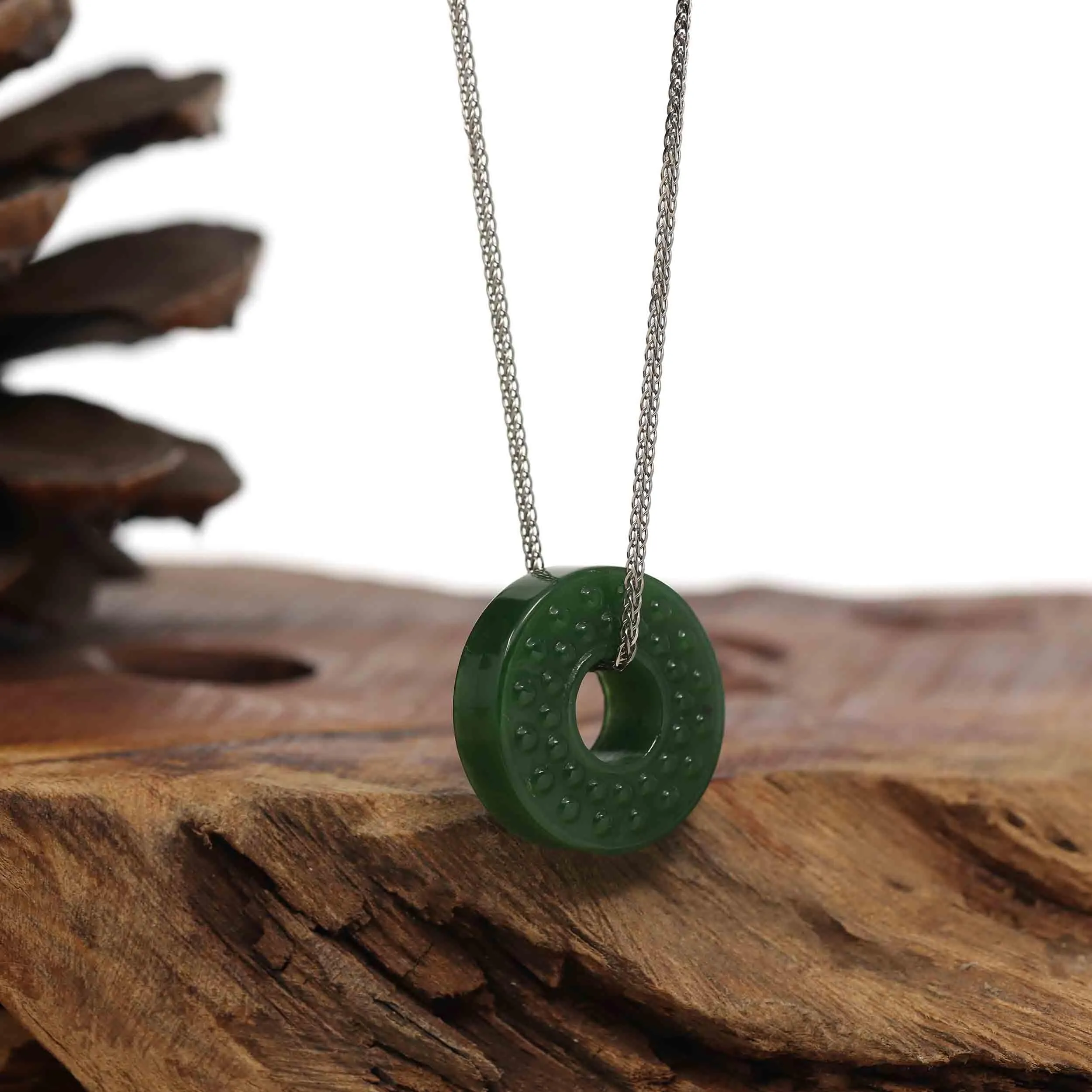 Baikalla™ "Good Luck Button" Necklace Green Nephrite Jade Lucky KouKou Donut Pendant Necklace