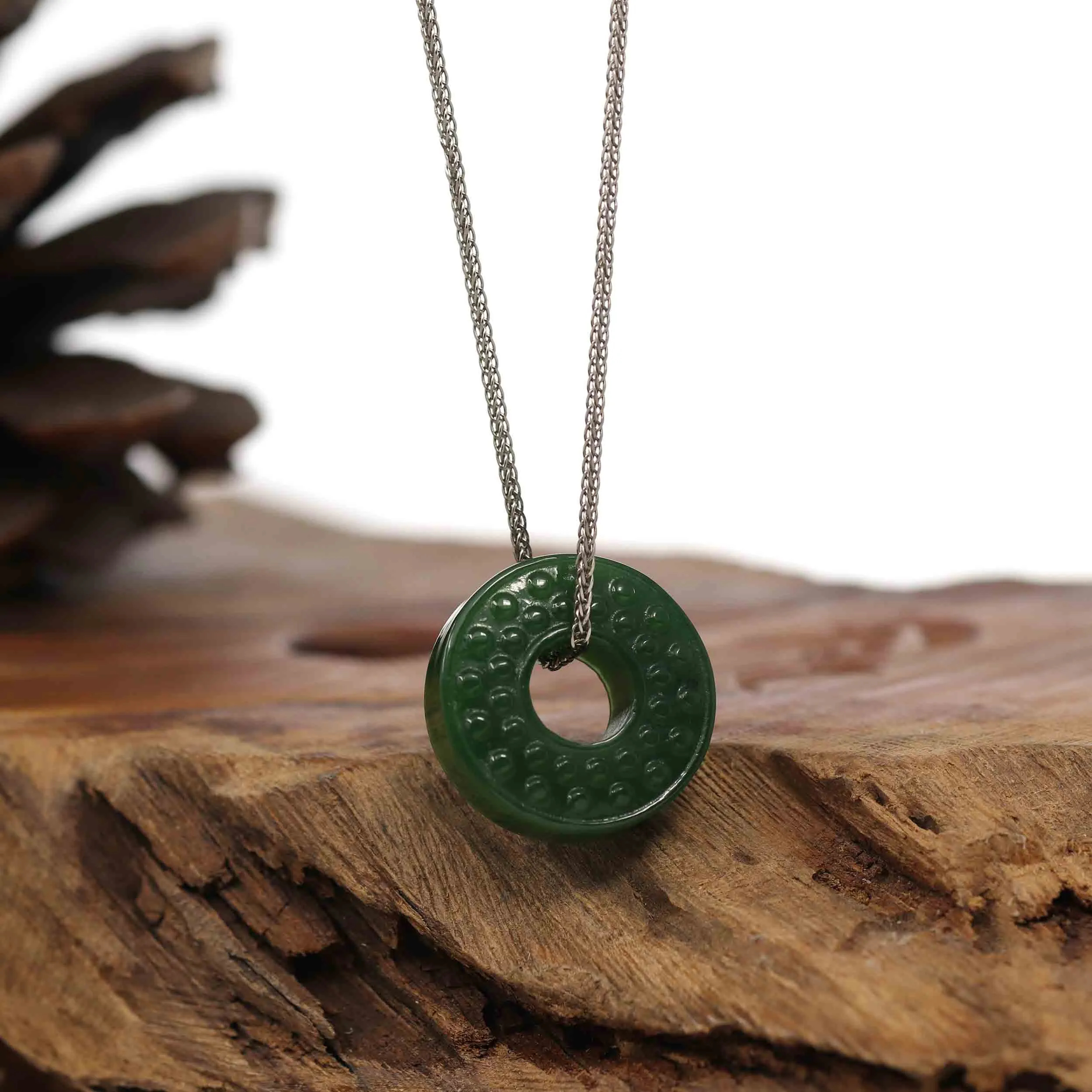 Baikalla™ "Good Luck Button" Necklace Green Nephrite Jade Lucky KouKou Donut Pendant Necklace