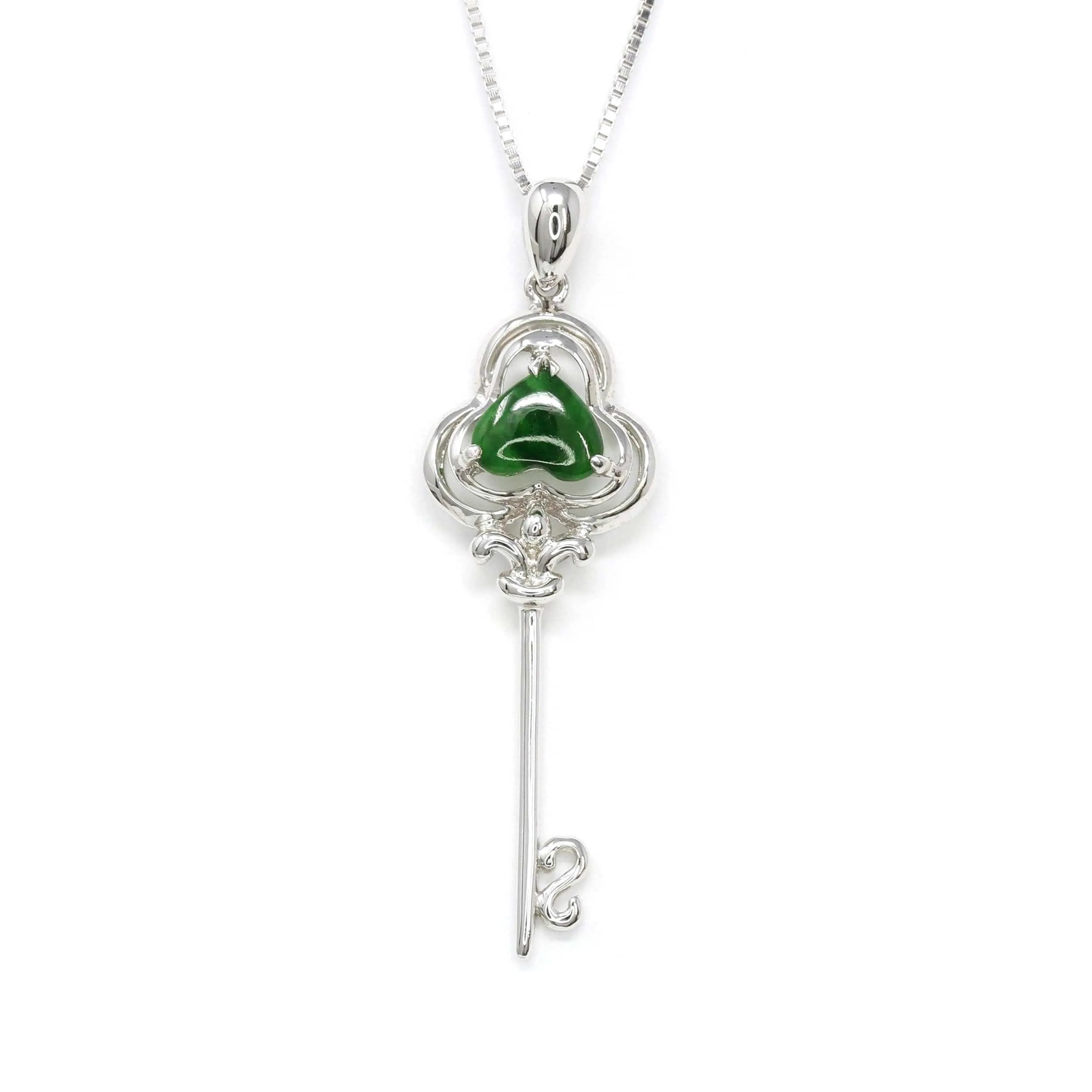 Baikalla™ "Heart Key" 18k White Gold Genuine Burmese Jadeite Key Pendant Necklace