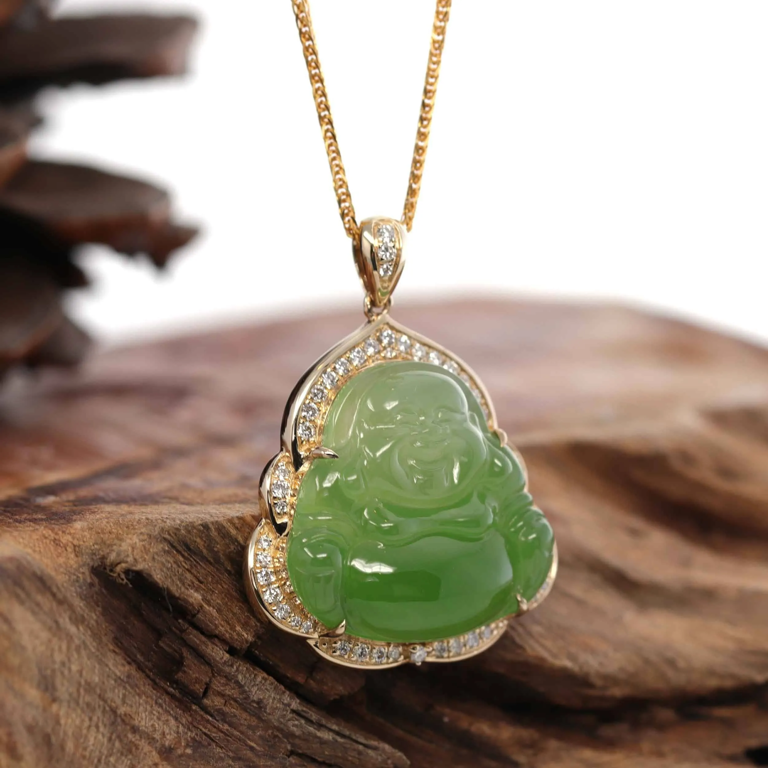 Baikalla "Laughing Buddha" 14k Gold Genuine Nephrite Apple Green Jade with 1/3 cttw VS1 Diamonds