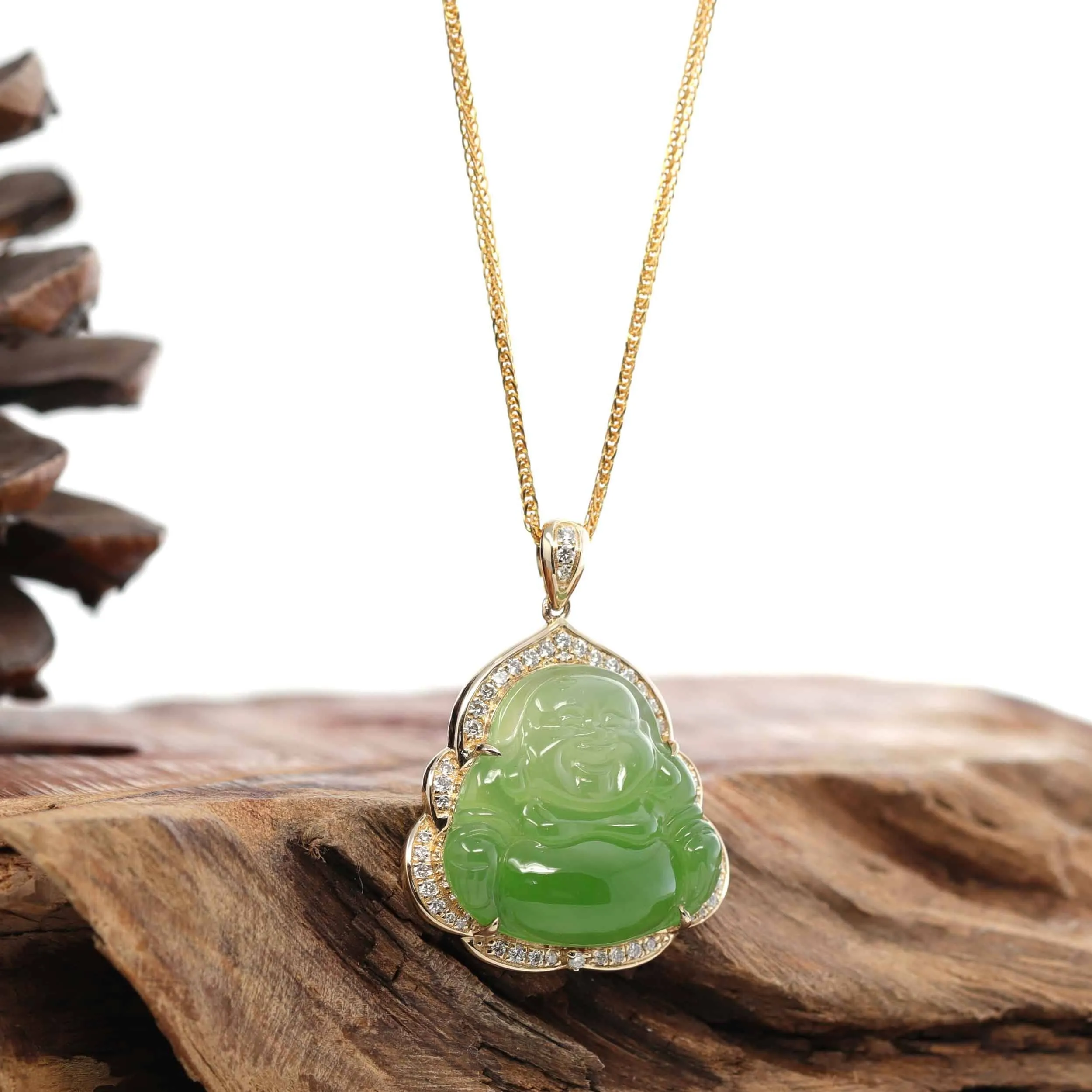 Baikalla "Laughing Buddha" 14k Gold Genuine Nephrite Apple Green Jade with 1/3 cttw VS1 Diamonds