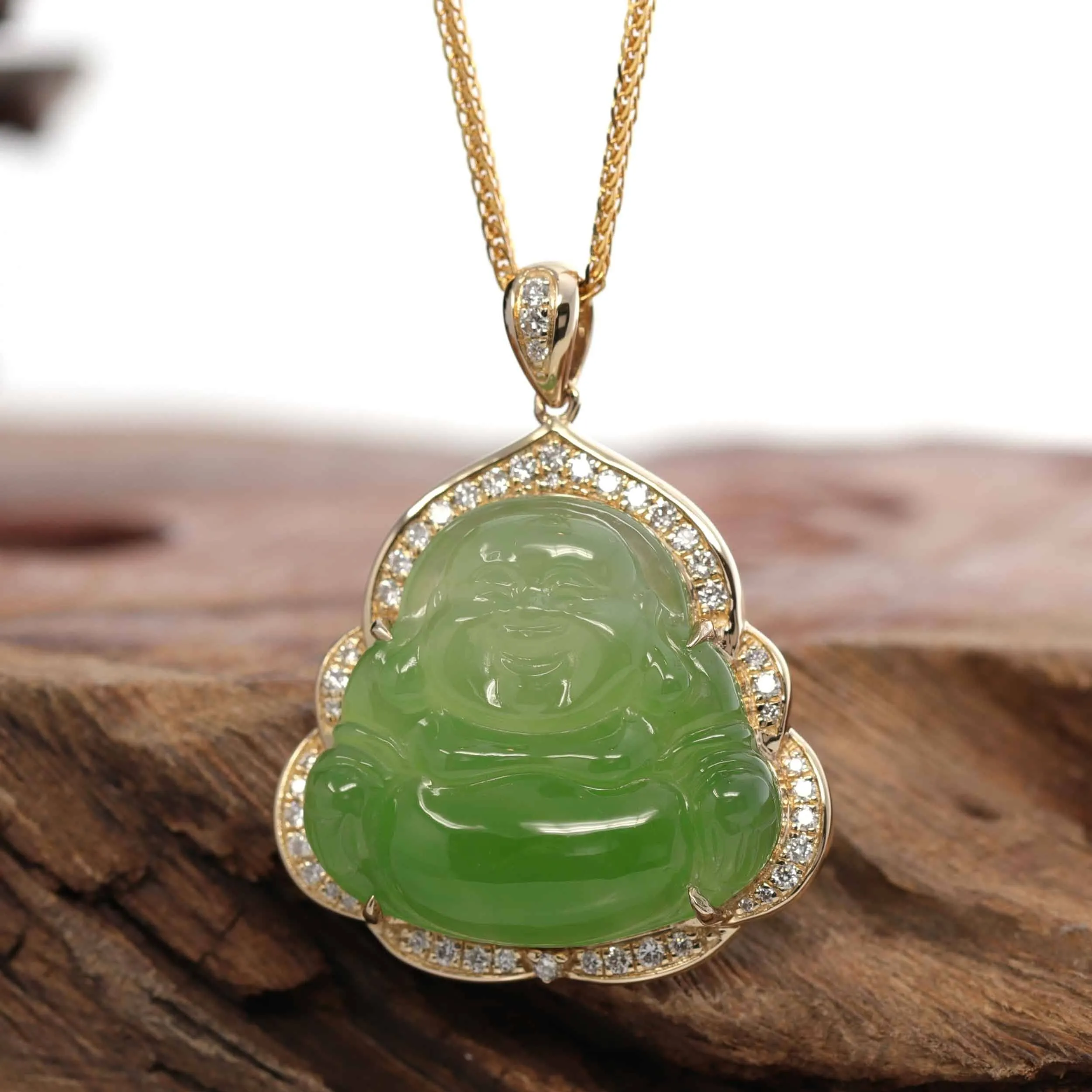 Baikalla "Laughing Buddha" 14k Gold Genuine Nephrite Apple Green Jade with 1/3 cttw VS1 Diamonds