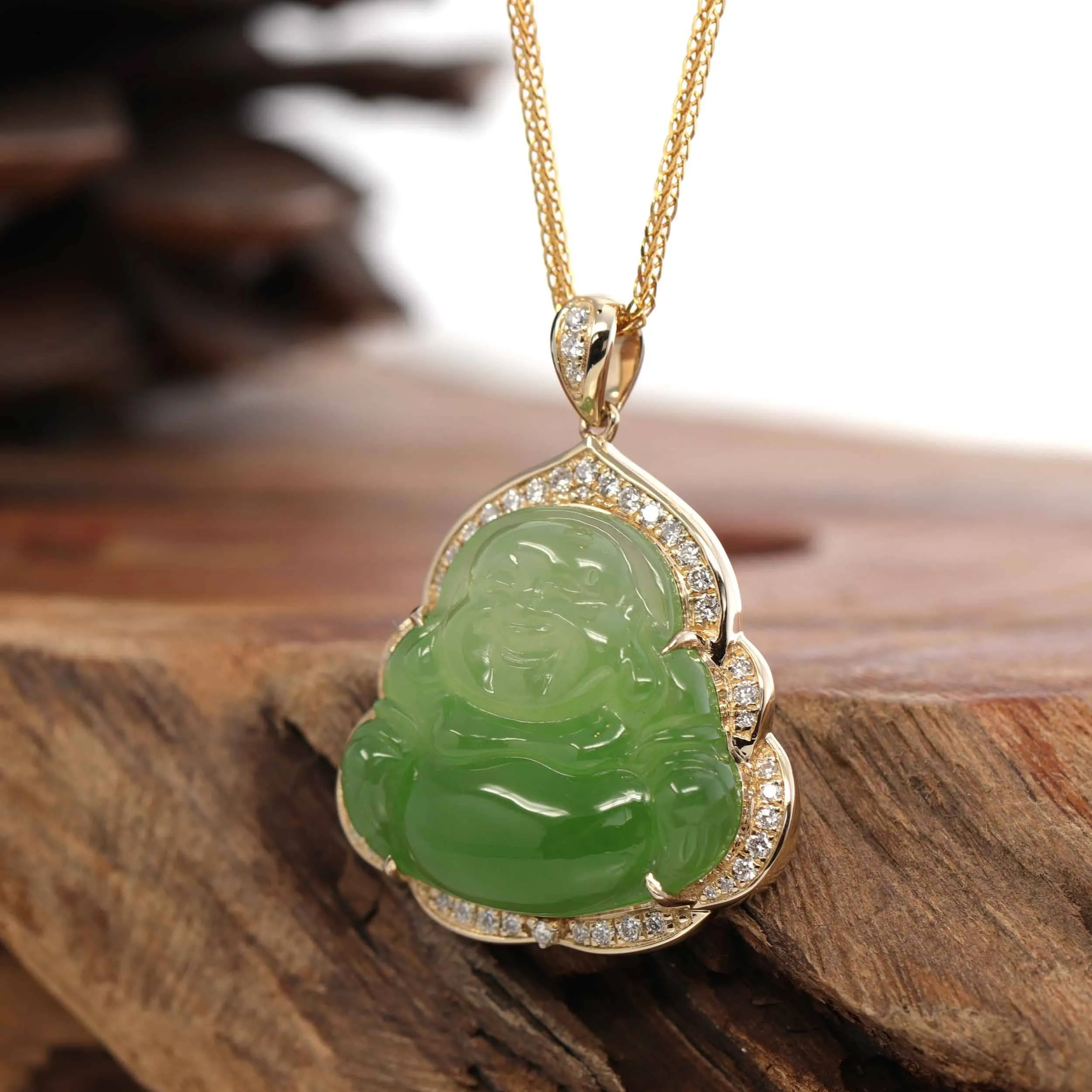 Baikalla "Laughing Buddha" 14k Gold Genuine Nephrite Apple Green Jade with 1/3 cttw VS1 Diamonds