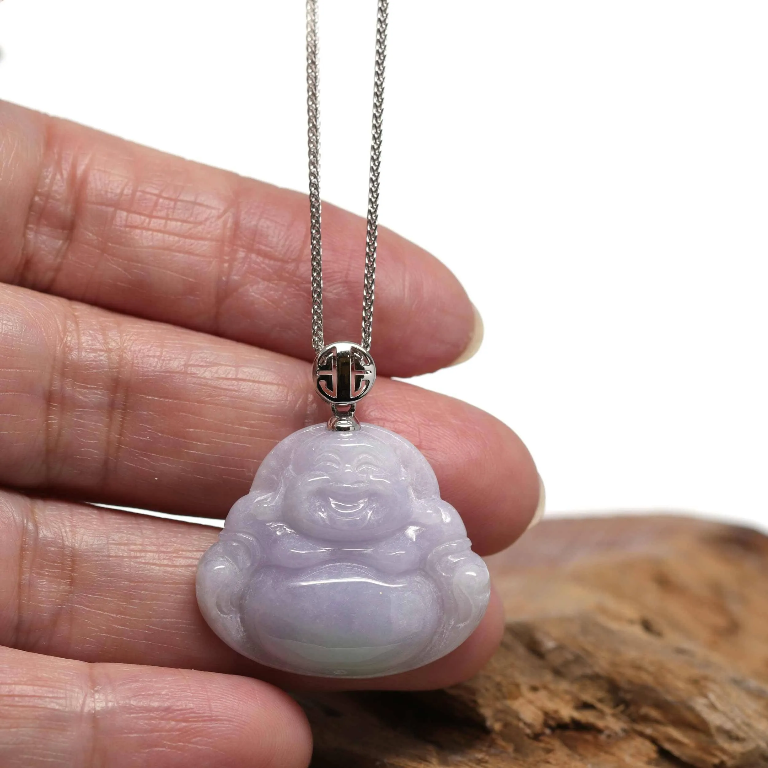 Baikalla™ "Laughing Buddha" Genuine Lavender Jadeite Buddha Pendant Necklace With 14k White Gold Buddha Symbol Bail