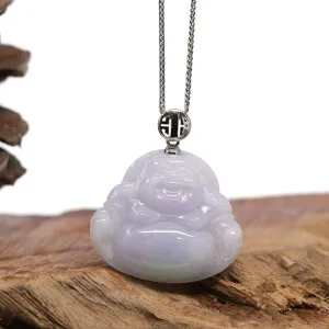 Baikalla™ "Laughing Buddha" Genuine Lavender Jadeite Buddha Pendant Necklace With 14k White Gold Buddha Symbol Bail