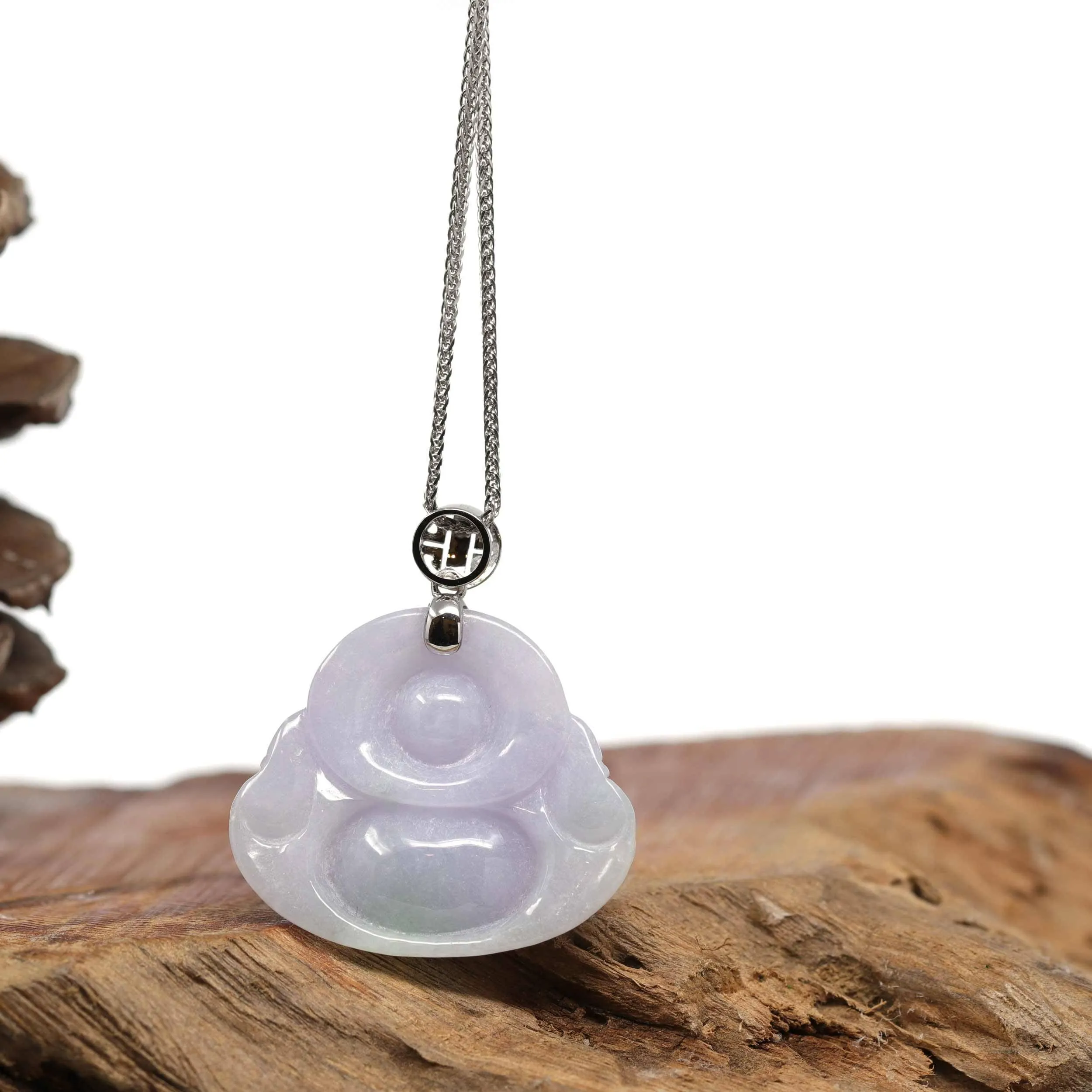 Baikalla™ "Laughing Buddha" Genuine Lavender Jadeite Buddha Pendant Necklace With 14k White Gold Buddha Symbol Bail