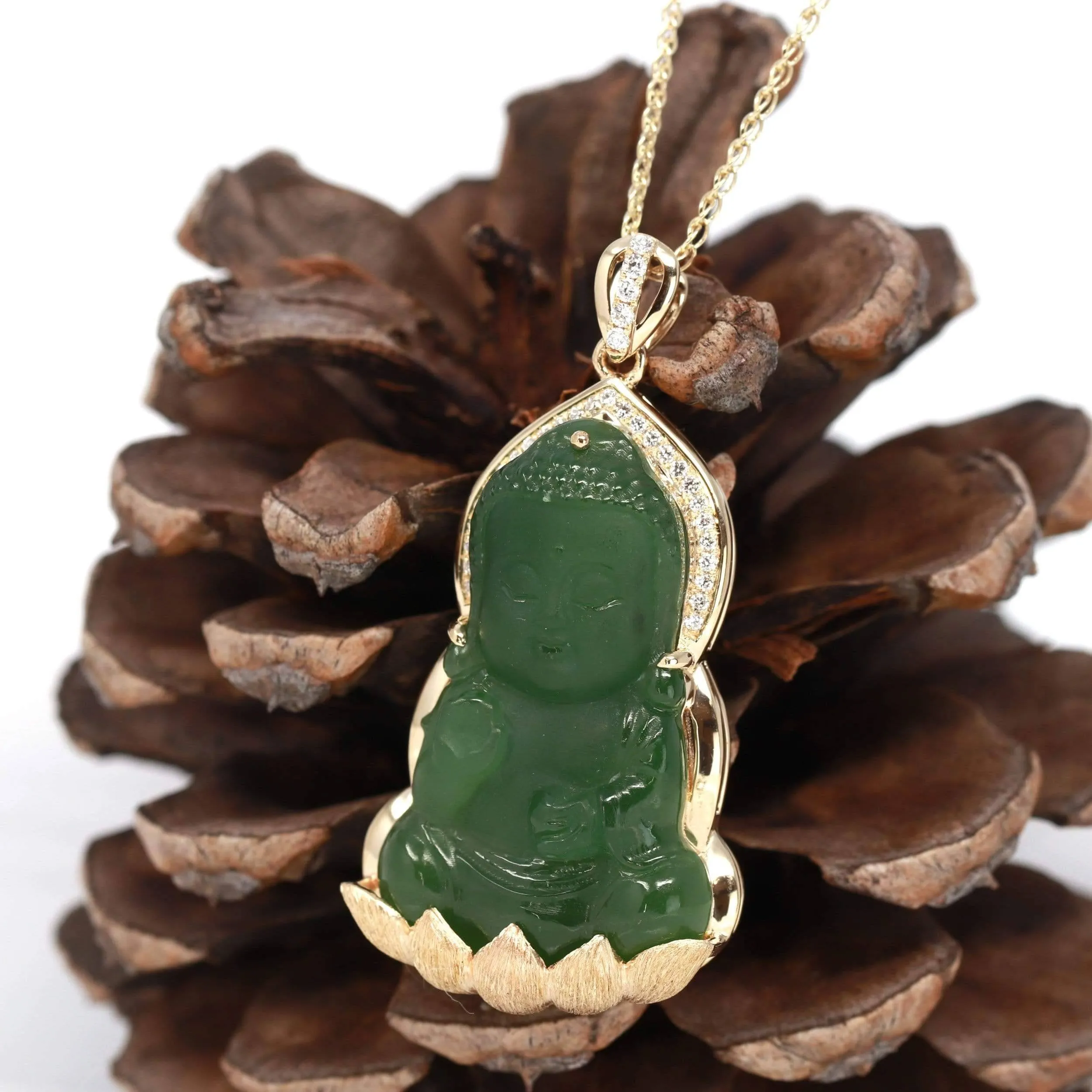 Baikalla™14K Yellow Gold Genuine Nephrite Green Jade GuanYin Baby Buddha Pendant Necklace