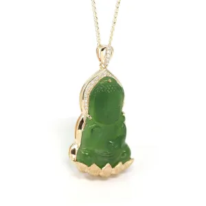 Baikalla™14K Yellow Gold Genuine Nephrite Green Jade GuanYin Baby Buddha Pendant Necklace