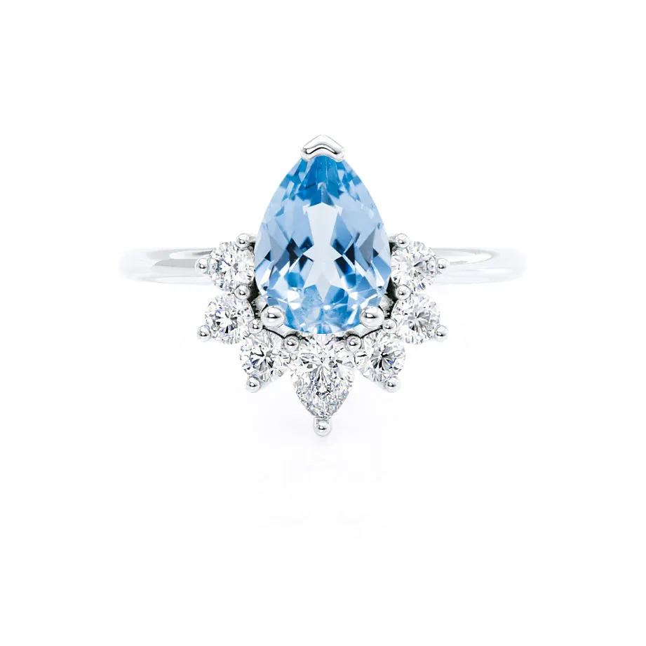 BALLET - Chatham® Pear Aqua Spinel & Diamond Half Halo Tiara Ring Platinum 950