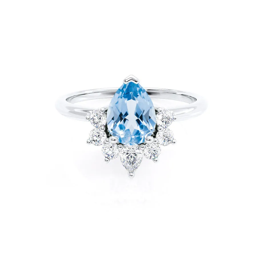 BALLET - Chatham® Pear Aqua Spinel & Diamond Half Halo Tiara Ring Platinum 950