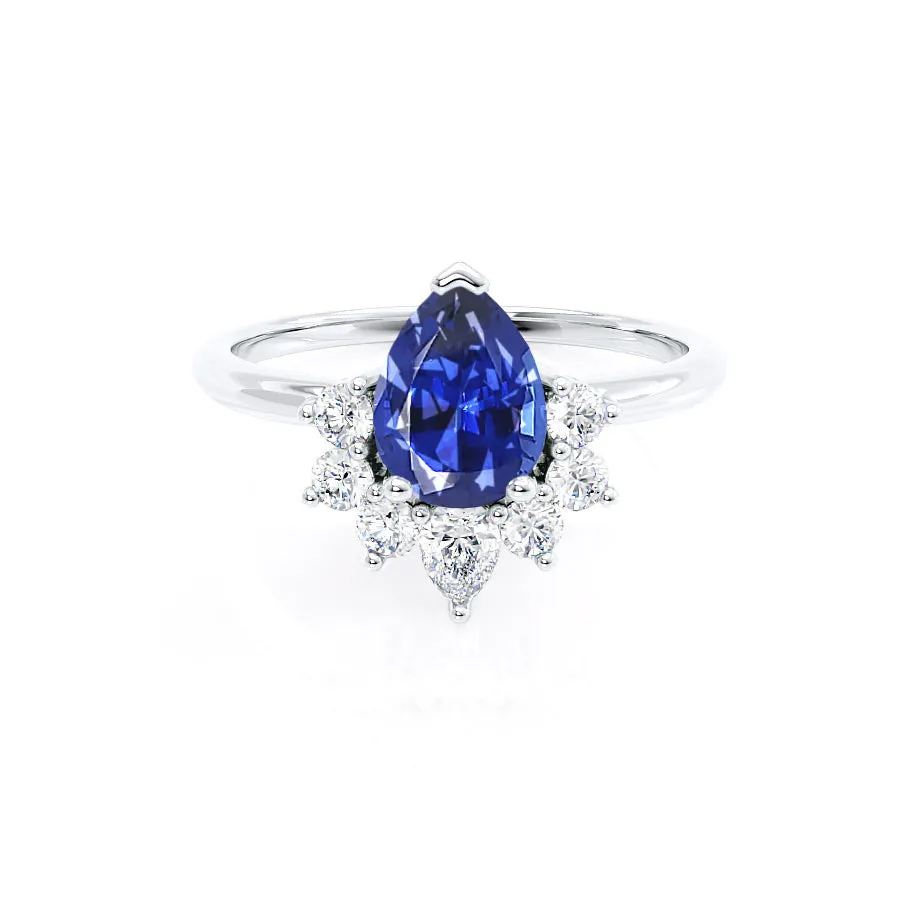 BALLET - Chatham® Pear Blue Sapphire & Diamond Half Halo Tiara Ring 18k White Gold