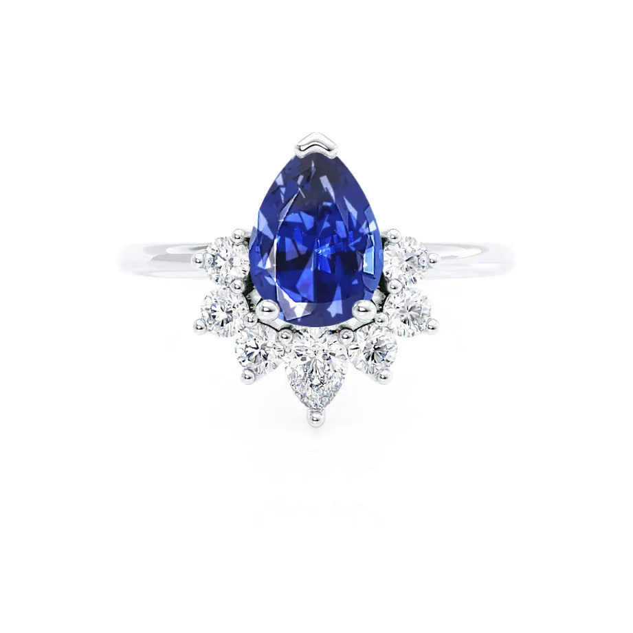 BALLET - Chatham® Pear Blue Sapphire & Diamond Half Halo Tiara Ring 18k White Gold