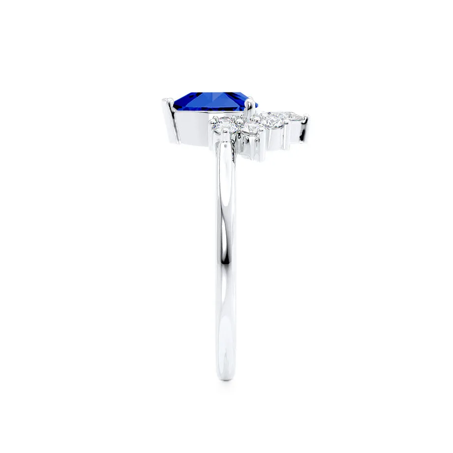 BALLET - Chatham® Pear Blue Sapphire & Diamond Half Halo Tiara Ring 18k White Gold