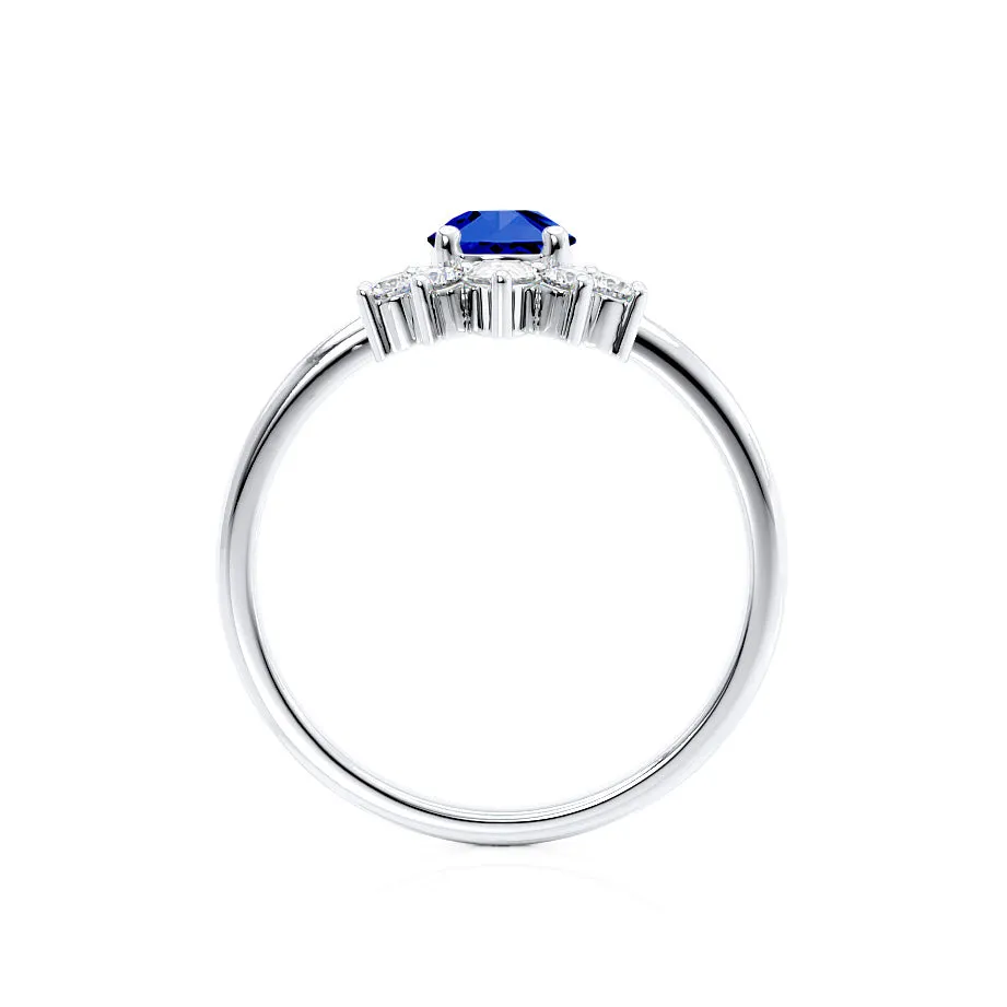 BALLET - Chatham® Pear Blue Sapphire & Diamond Half Halo Tiara Ring 18k White Gold