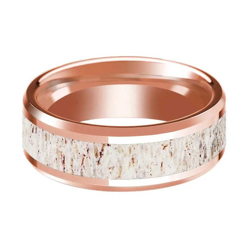 Beveled 14k Rose Gold Wedding Band for Men with White Deer Antler Inlay Polished Finish - 8MM