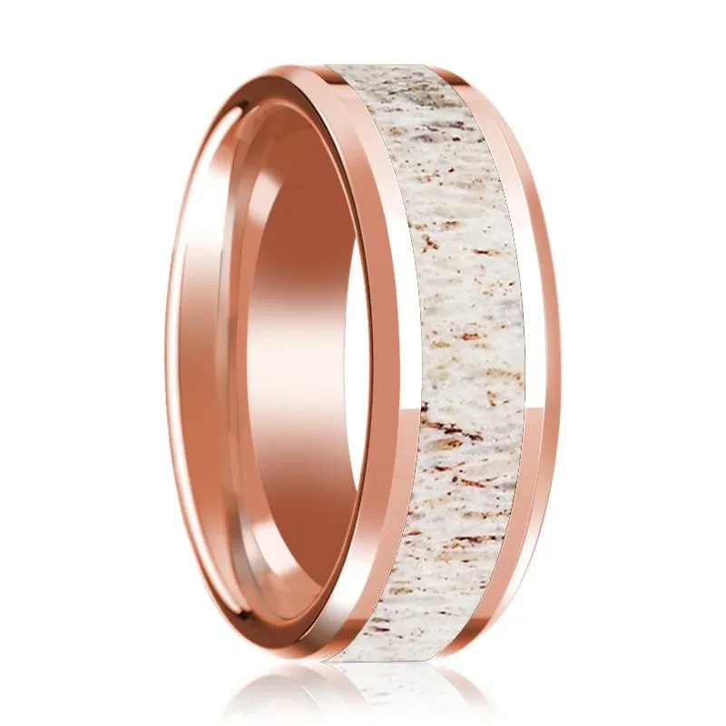 Beveled 14k Rose Gold Wedding Band for Men with White Deer Antler Inlay Polished Finish - 8MM