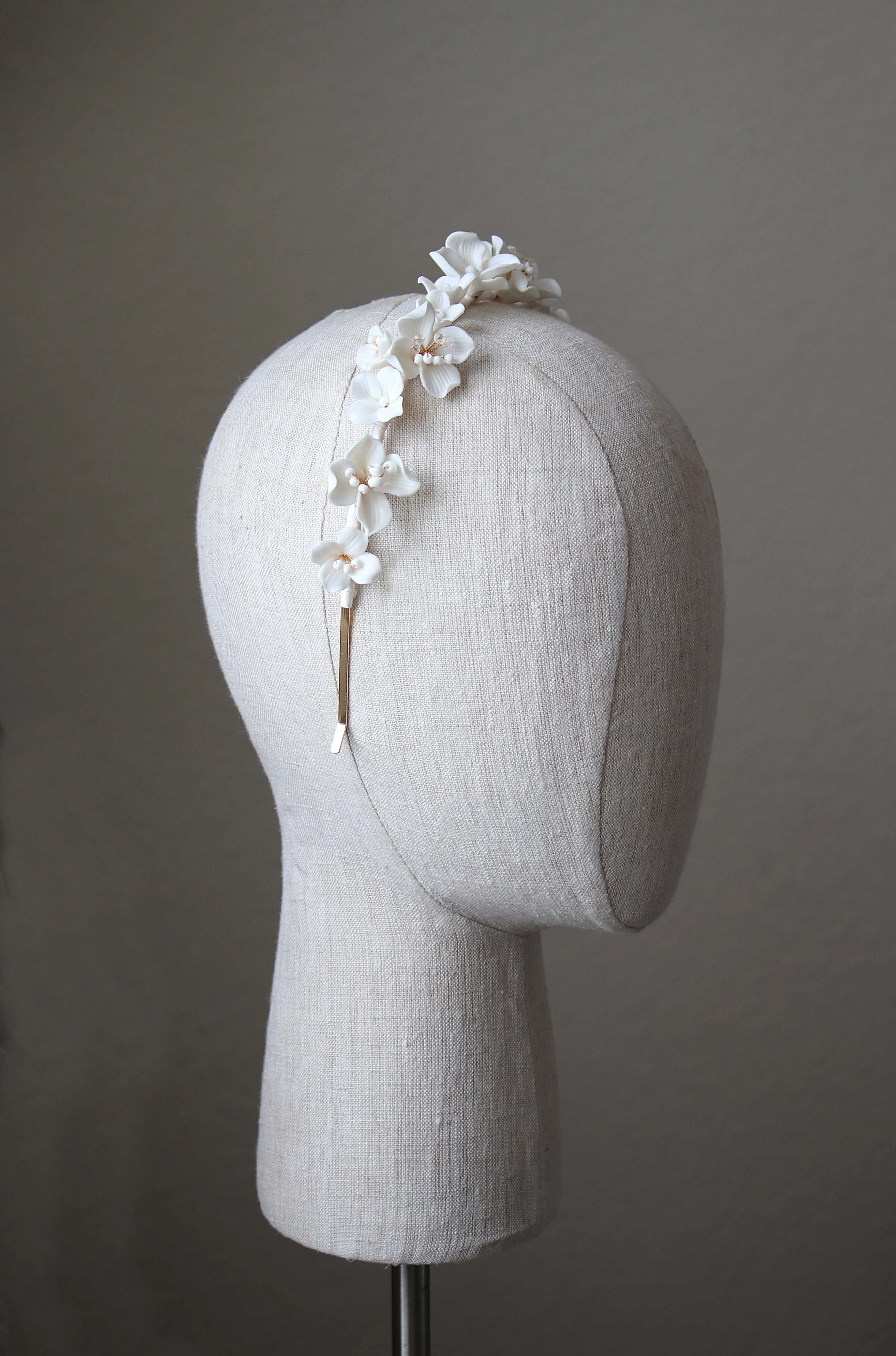 BIANCA White Porcelain Floral and Crystal Bridal Headband Headpiece Tiara