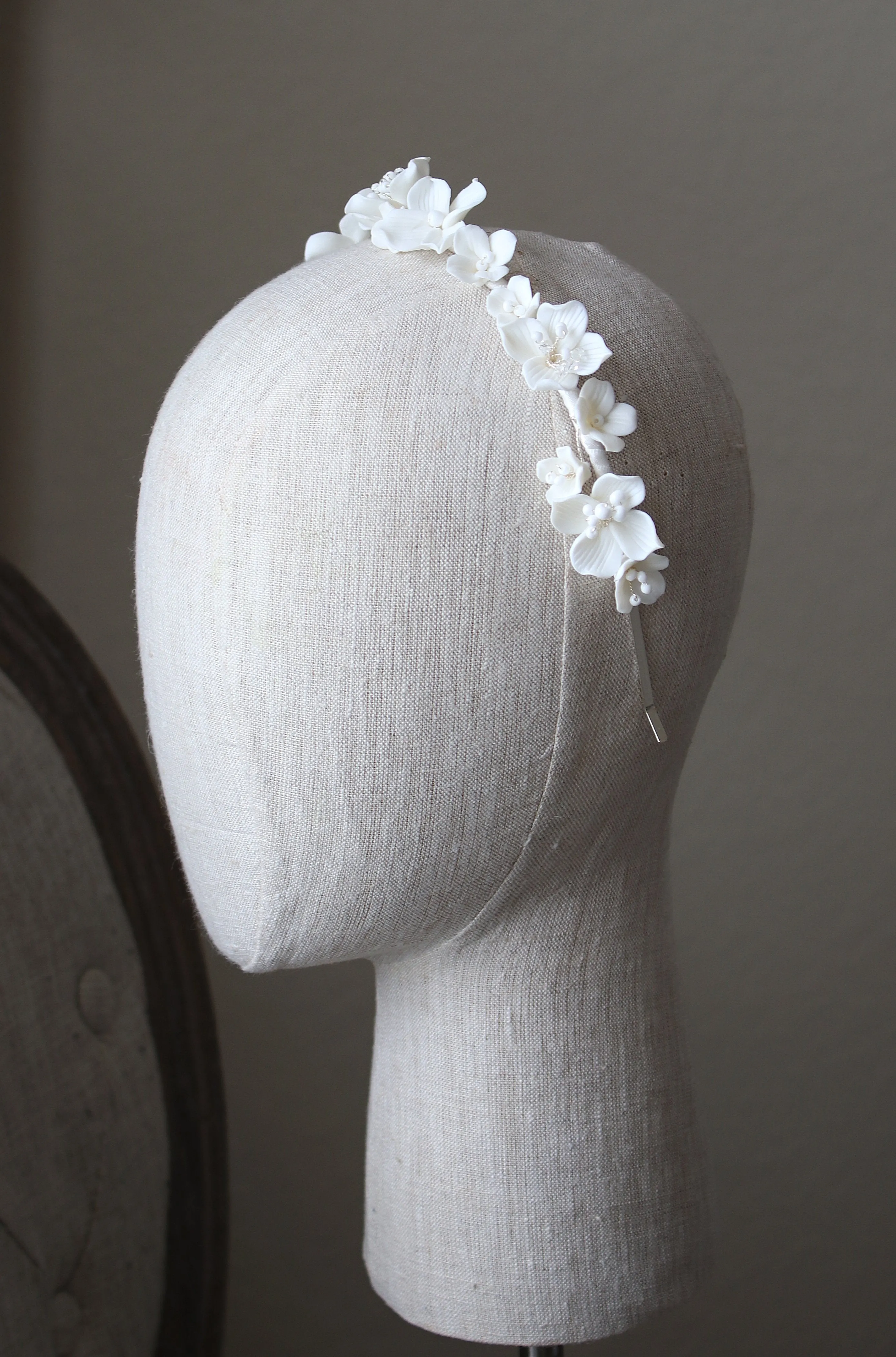 BIANCA White Porcelain Floral and Crystal Bridal Headband Headpiece Tiara