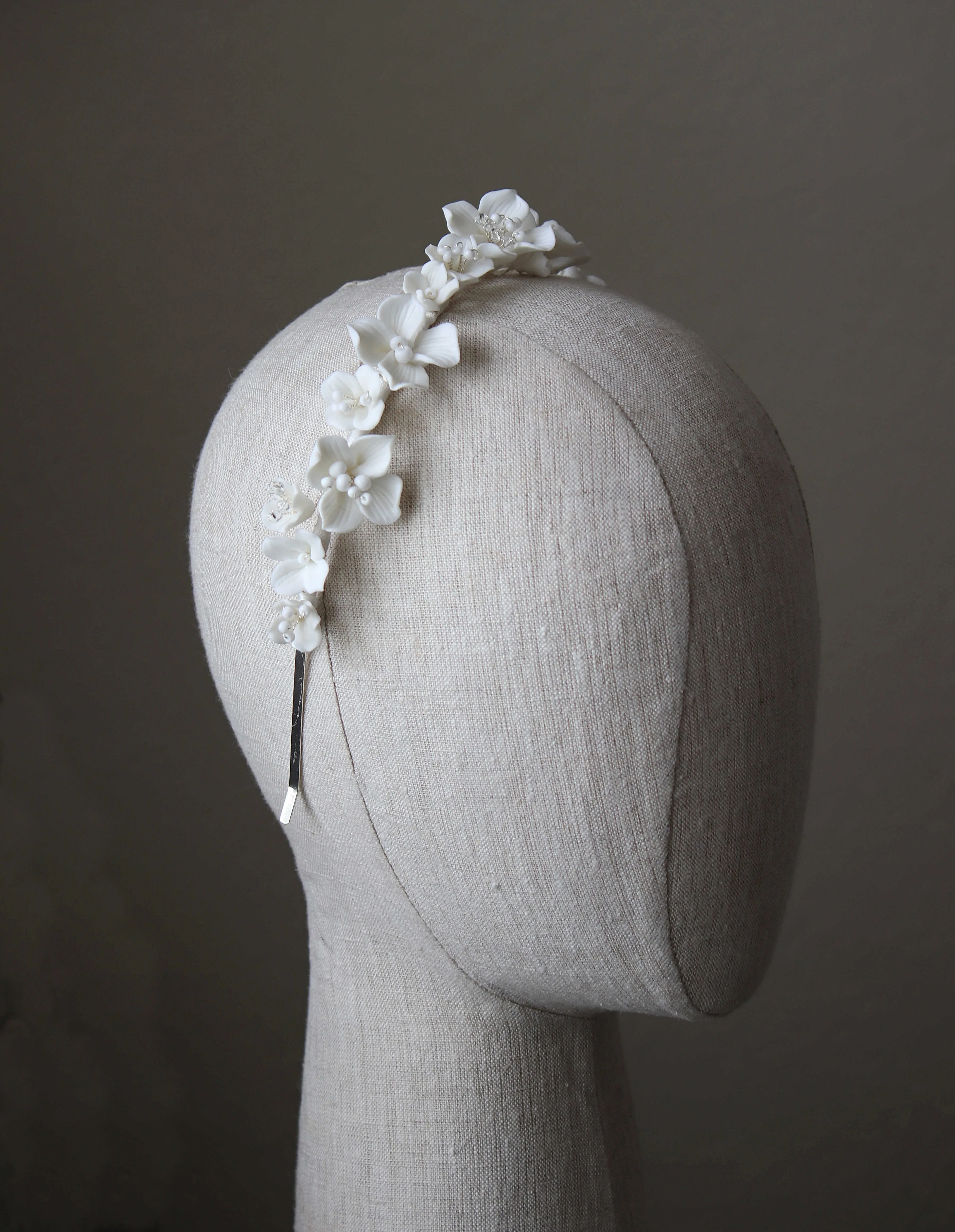 BIANCA White Porcelain Floral and Crystal Bridal Headband Headpiece Tiara