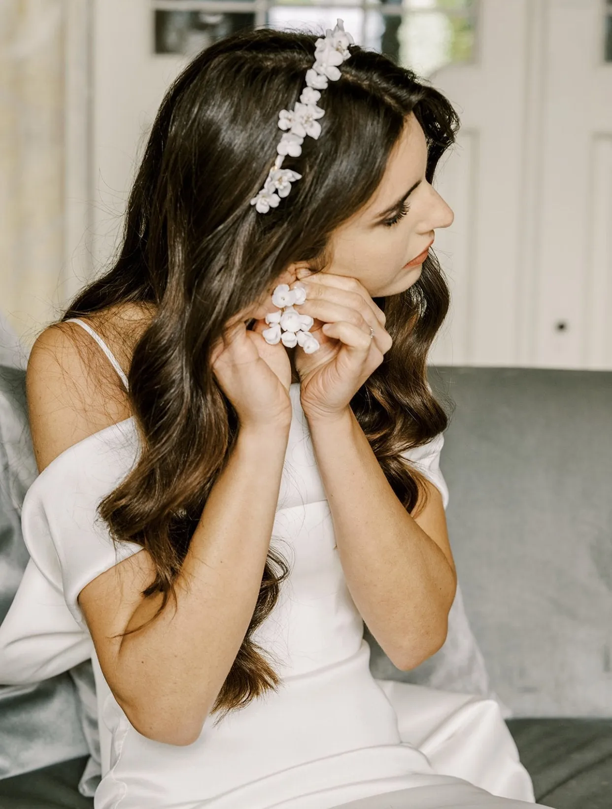 BIANCA White Porcelain Floral and Crystal Bridal Headband Headpiece Tiara