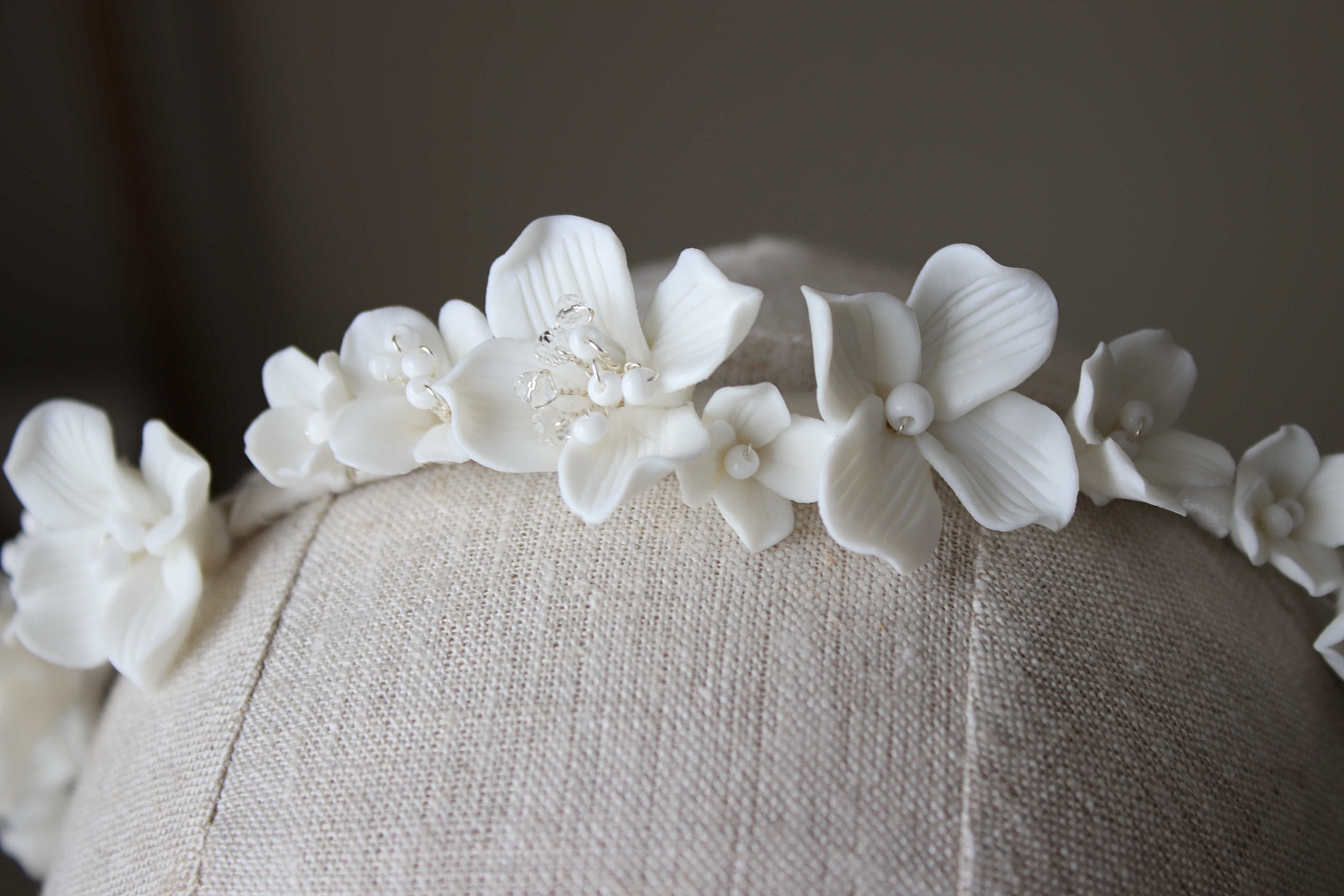 BIANCA White Porcelain Floral and Crystal Bridal Headband Headpiece Tiara