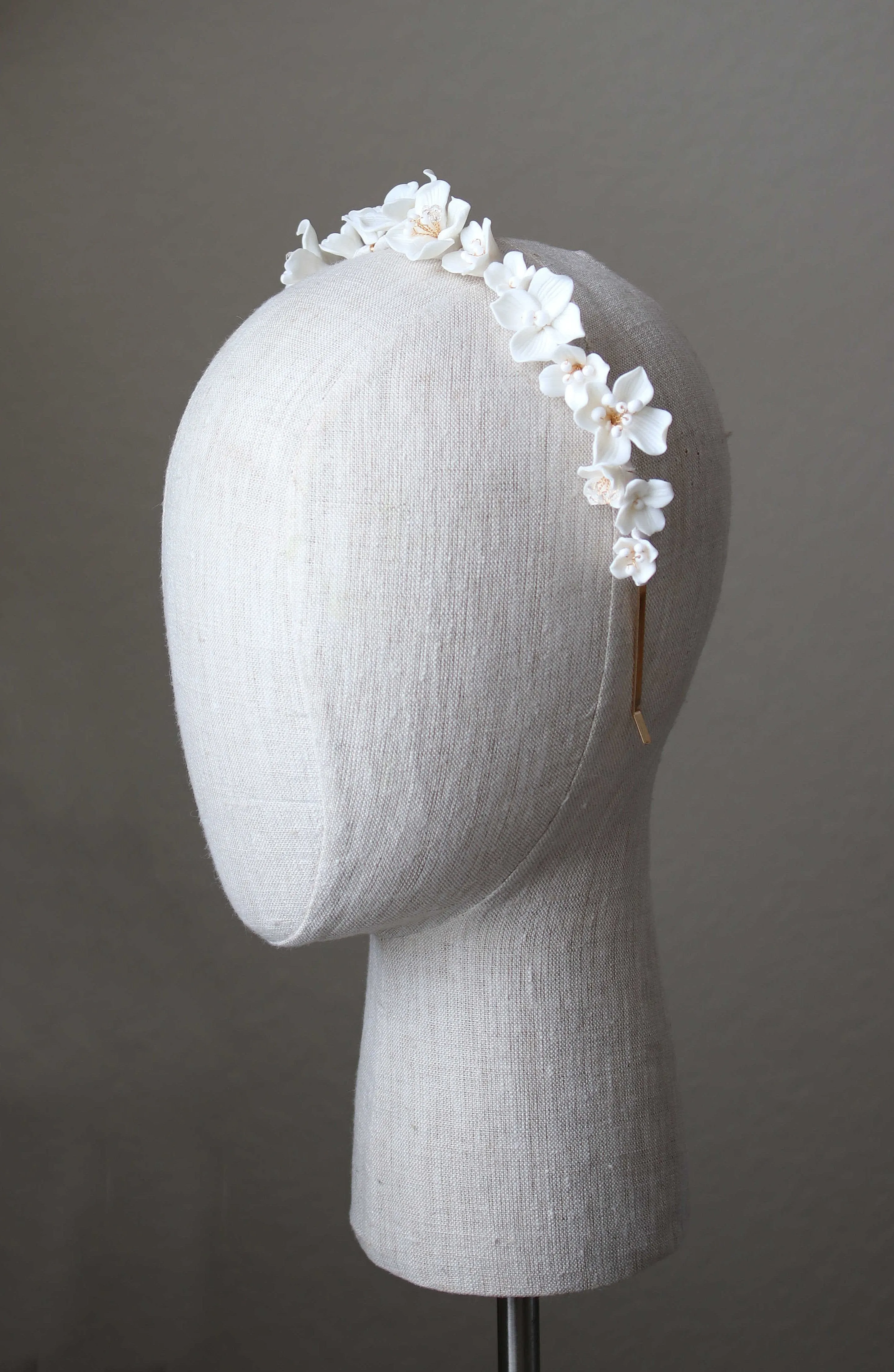 BIANCA White Porcelain Floral and Crystal Bridal Headband Headpiece Tiara